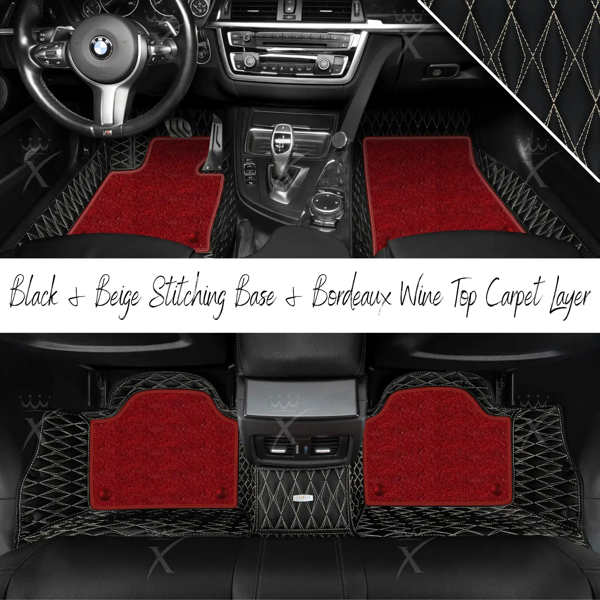 Black & Beige Stitching Twin Diamond & Bordeaux Wine Carpet | Double Layer Luxury Car Mats Set