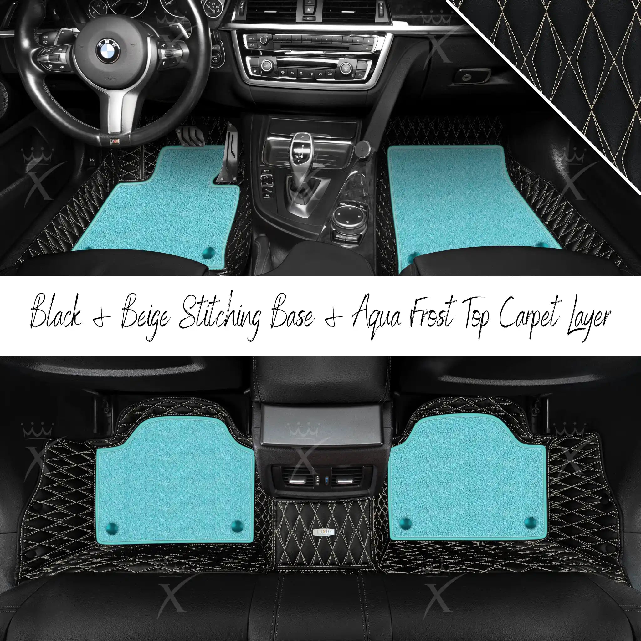 Black & Beige Stitching Twin Diamond & Aqua Frost Carpet | Double Layer Luxury Car Mats Set