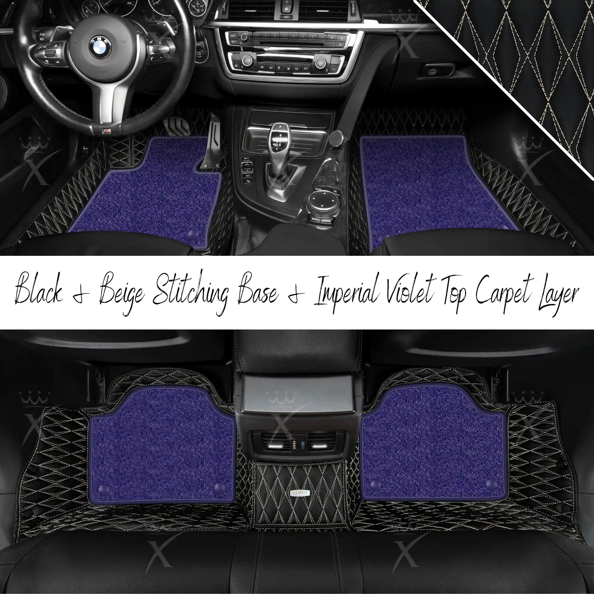 Black & Beige Stitching Twin Diamond & Imperial Violet Carpet | Double Layer Luxury Car Mats Set
