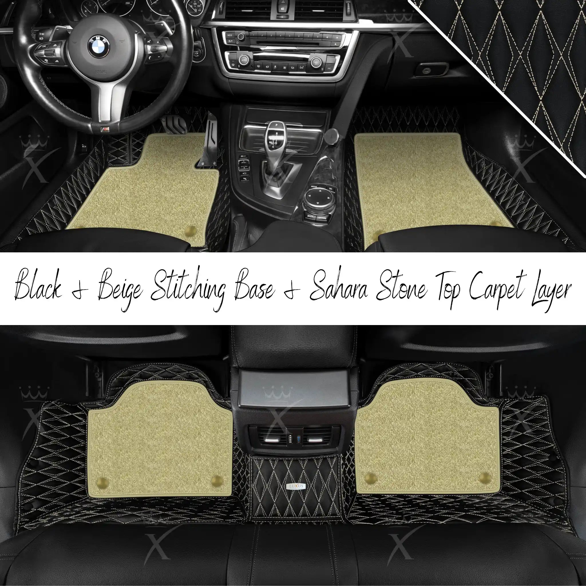 Black & Beige Stitching Twin Diamond & Sahara Stone Carpet | Double Layer Luxury Car Mats Set