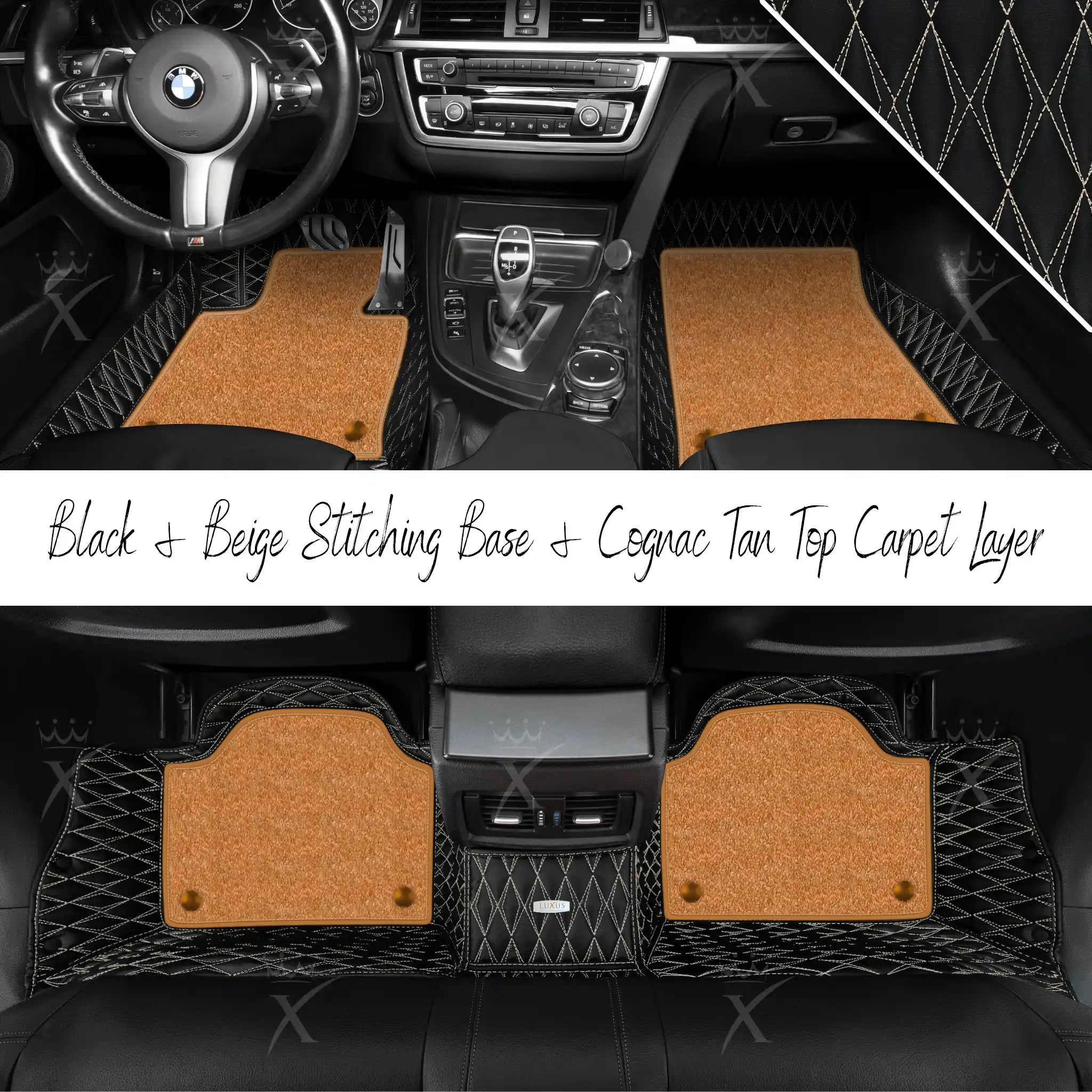 Black & Beige Stitching Twin Diamond & Cognac Tan Carpet | Double Layer Luxury Car Mats Set