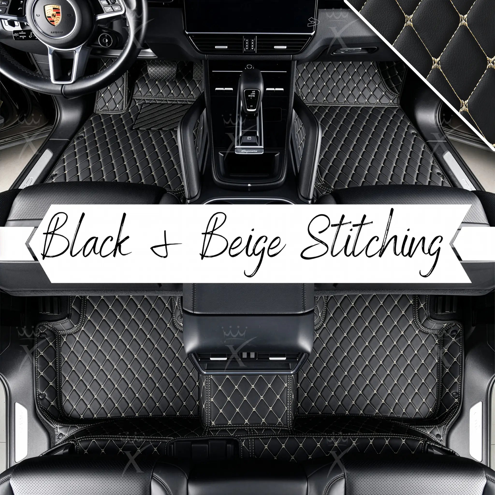 Luxus Premium Diamond Custom Car Mats Set | Black & Beige Stitching