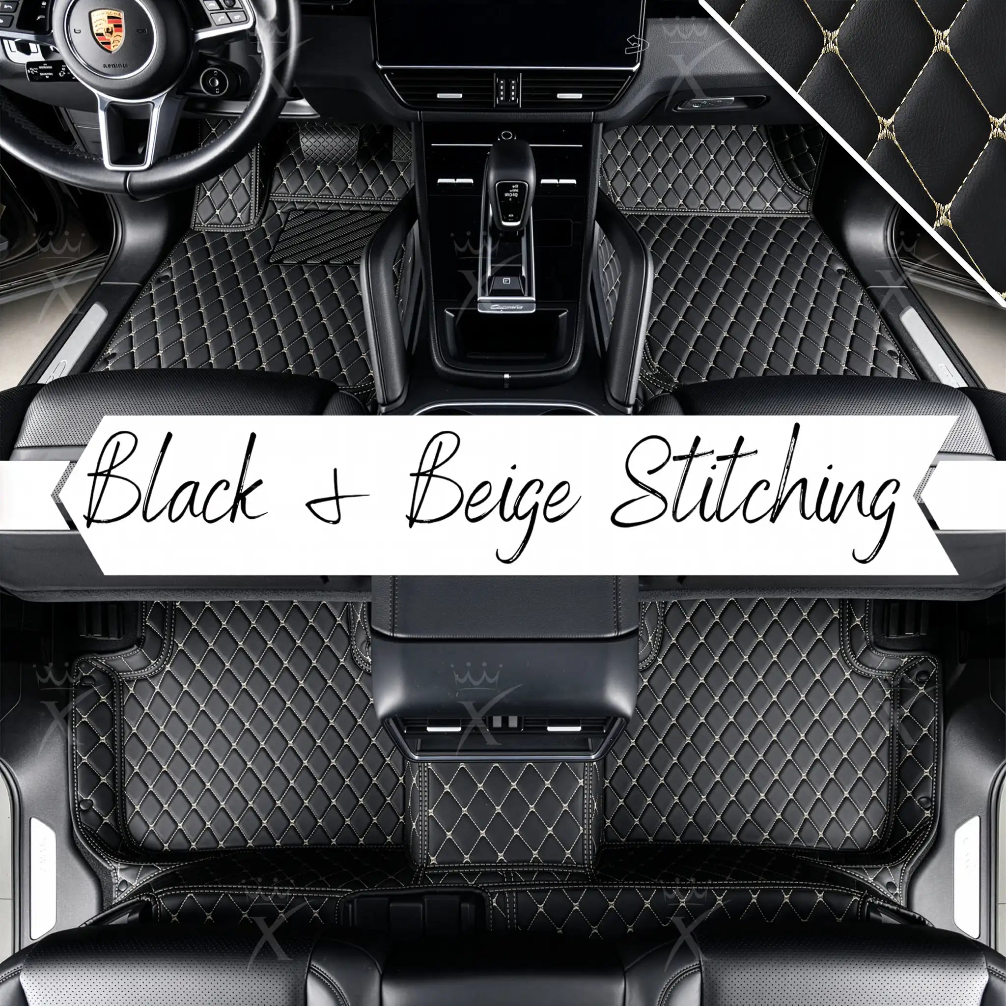 Luxus Premium Diamond Custom Car Mats Set | Black & Beige Stitching