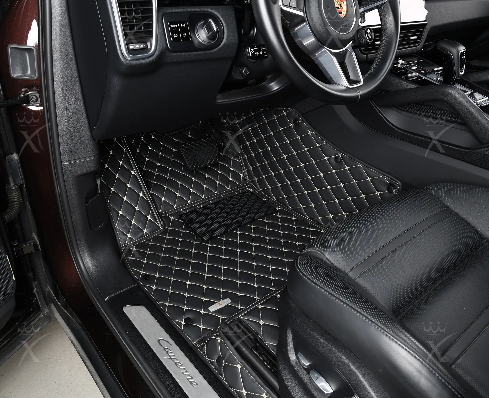 Luxus Premium Diamond Custom Car Mats Set | Black & Beige Stitching