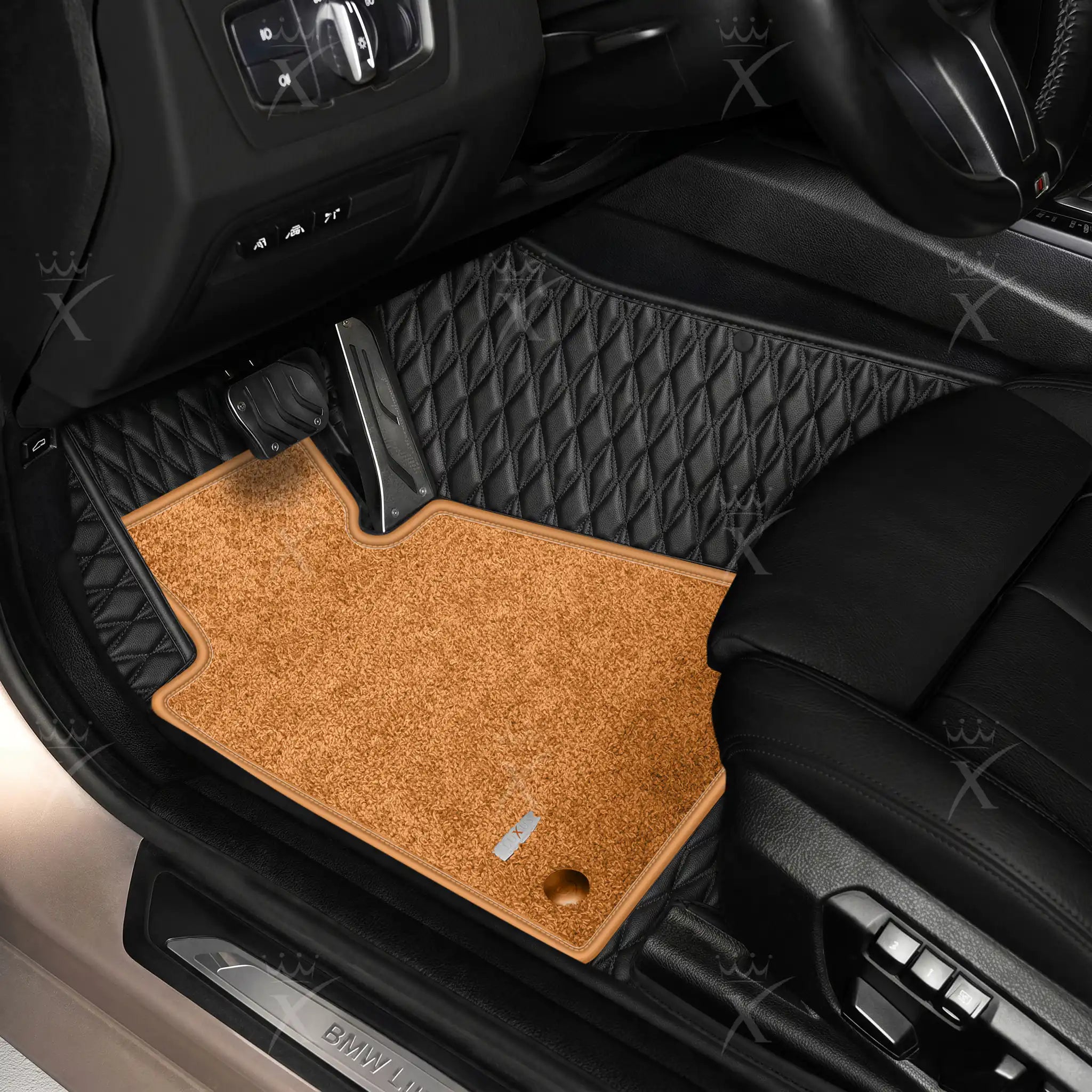 Luxus Twin-Diamond Double Layer Series Floor Mats | Black & Black Stitching & Cognac Tan Top Carpet