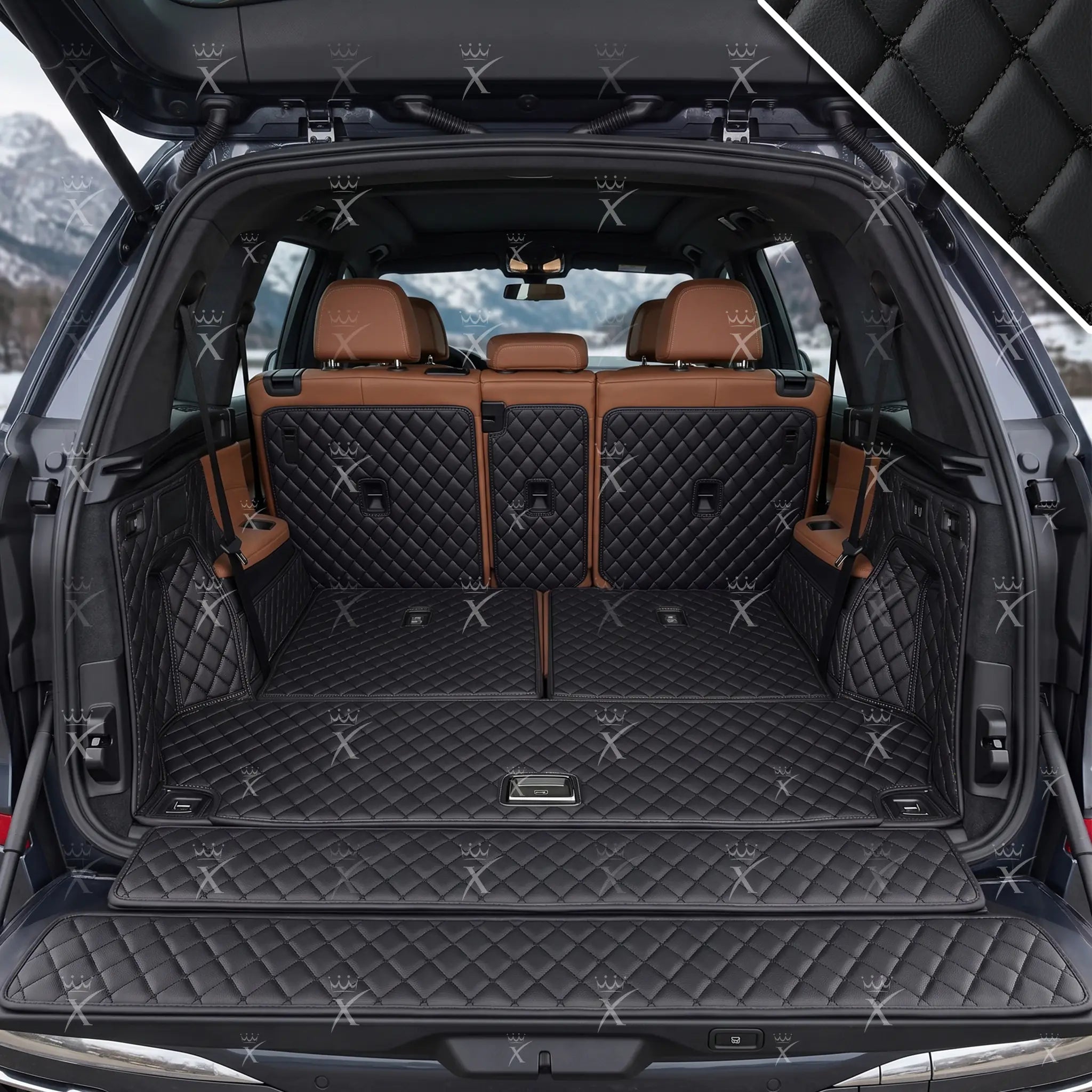 Luxus Car Mats™ - Zwarte en zwarte stiksels 3D luxe lederen koffer-/koffermat