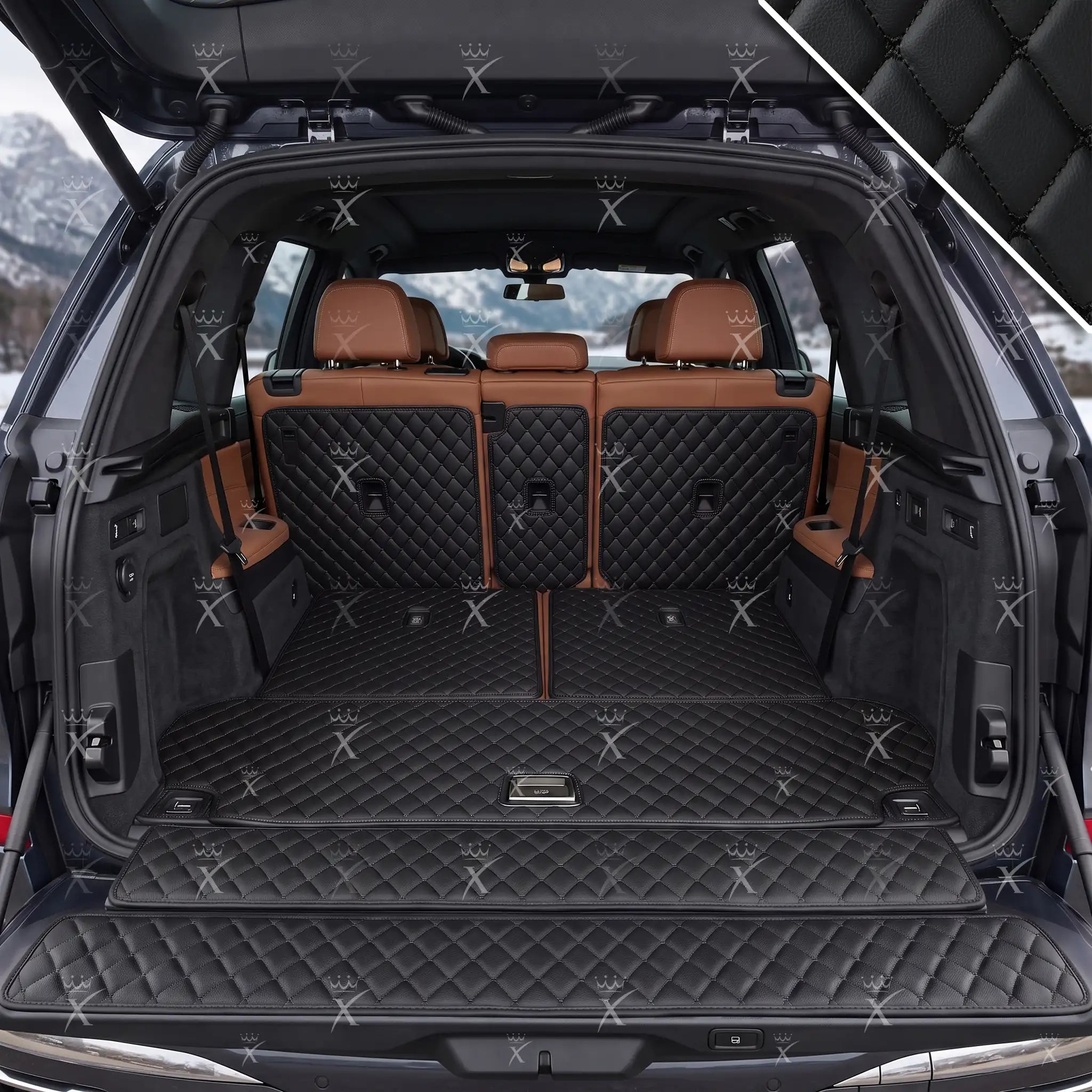 Luxus Car Mats™ – 3D-Luxus-Leder-Kofferraum-/Kofferraummatte in Schwarz und Schwarz mit Nähten
