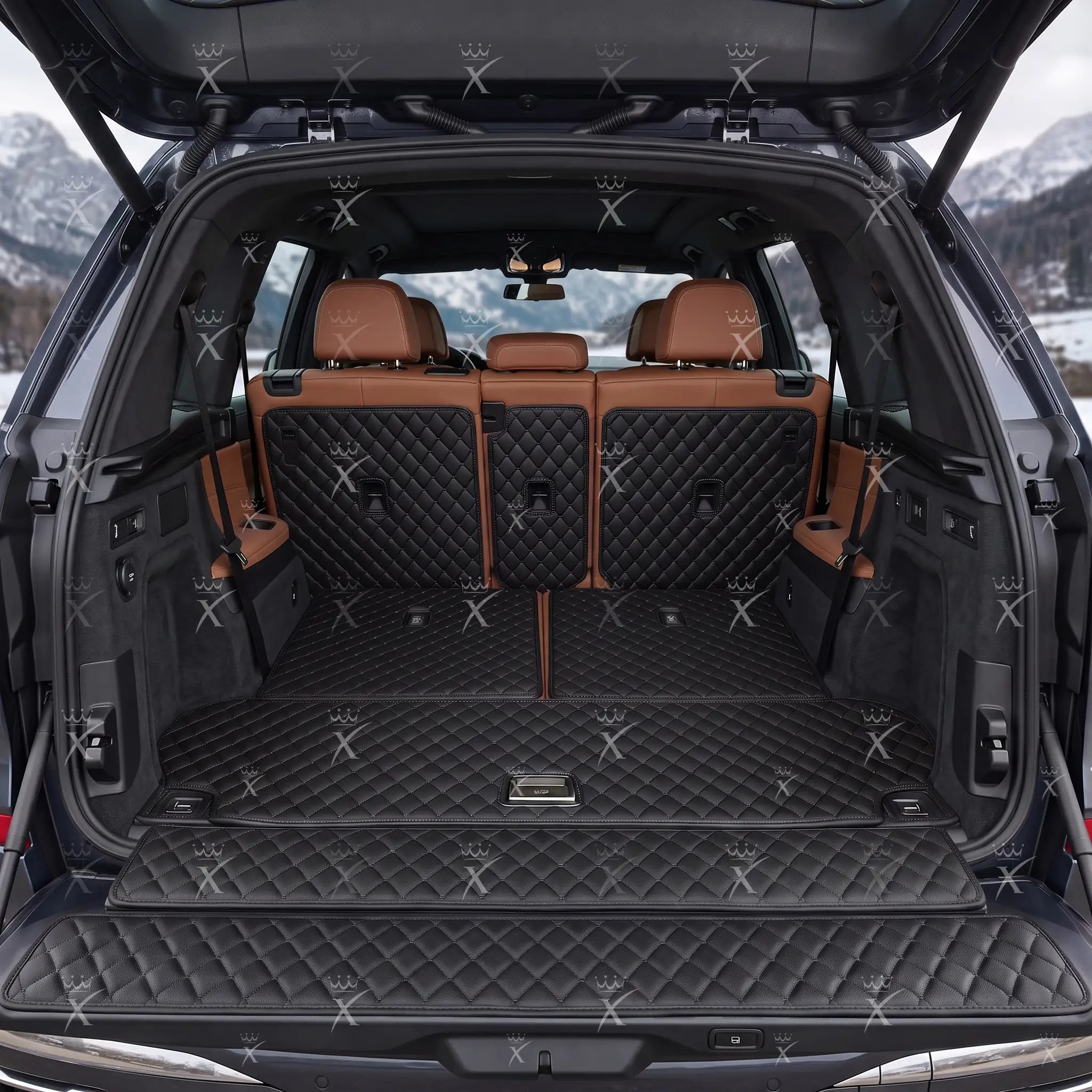 Luxus Car Mats™ – 3D-Luxus-Leder-Kofferraum-/Kofferraummatte in Schwarz und Schwarz mit Nähten