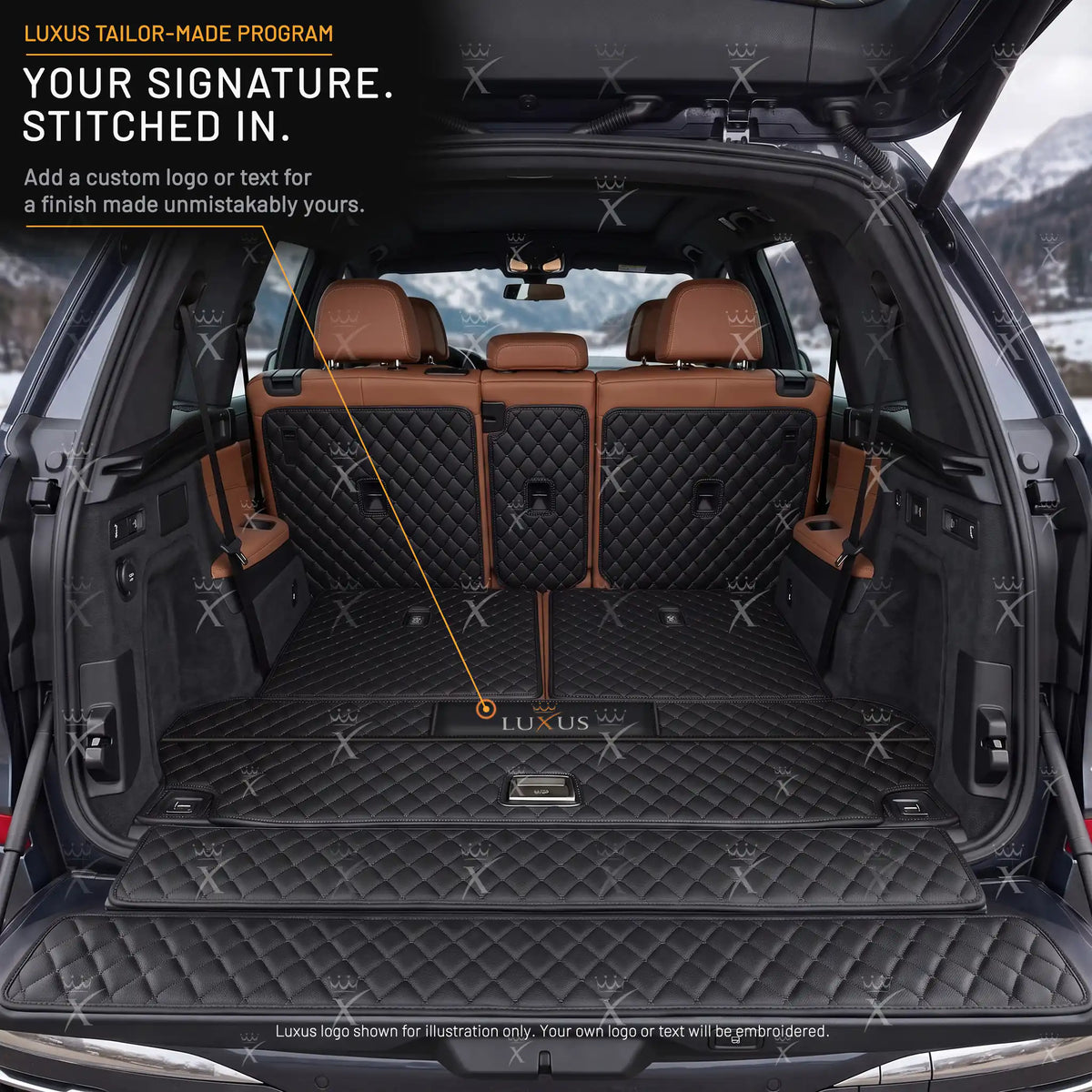 Luxus Diamond XtendFit Series Trunk Mat | Black & Black Stitching