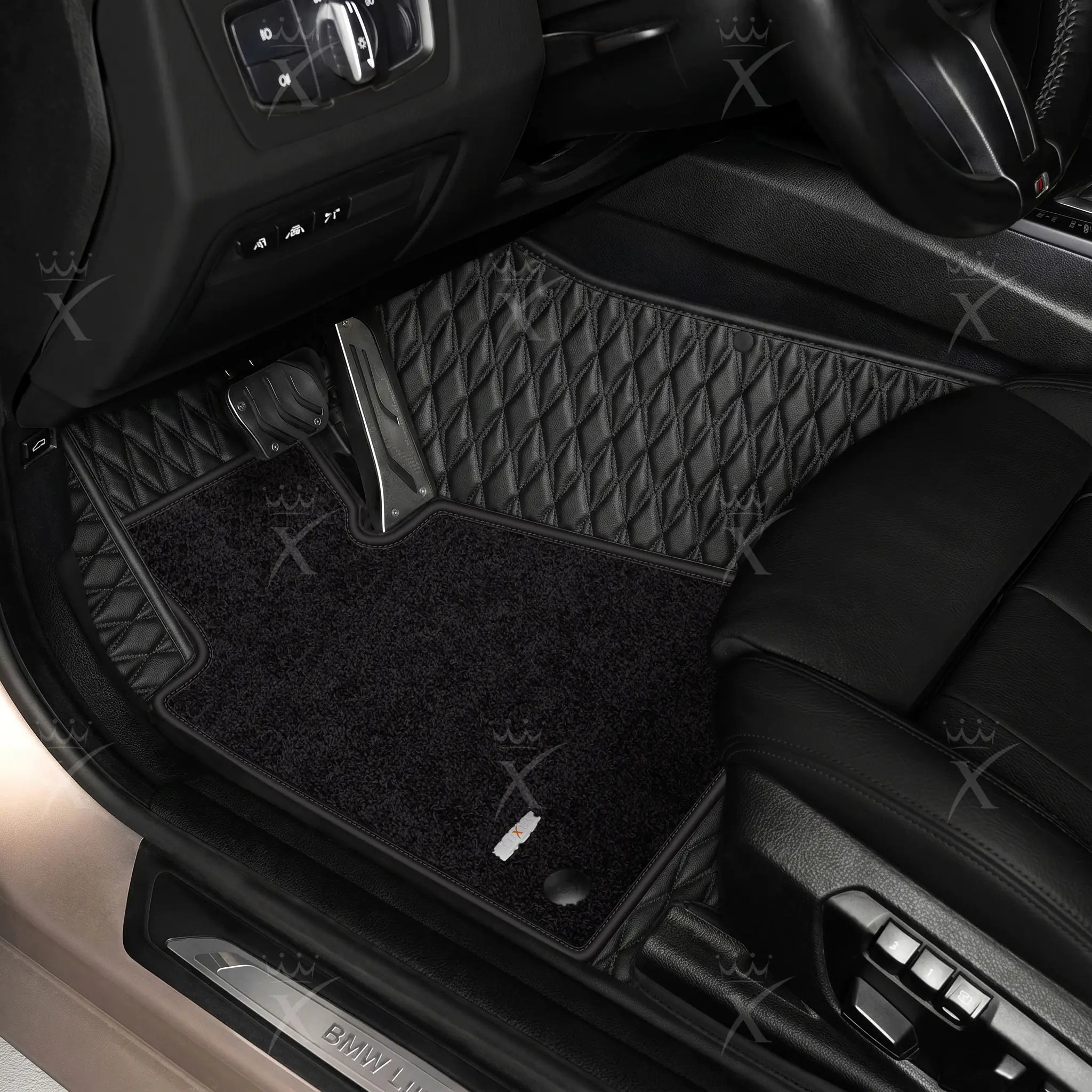 Luxus Twin-Diamond Double Layer Series Floor Mats | Black & Black Stitching & Onyx Charcoal Top Carpet