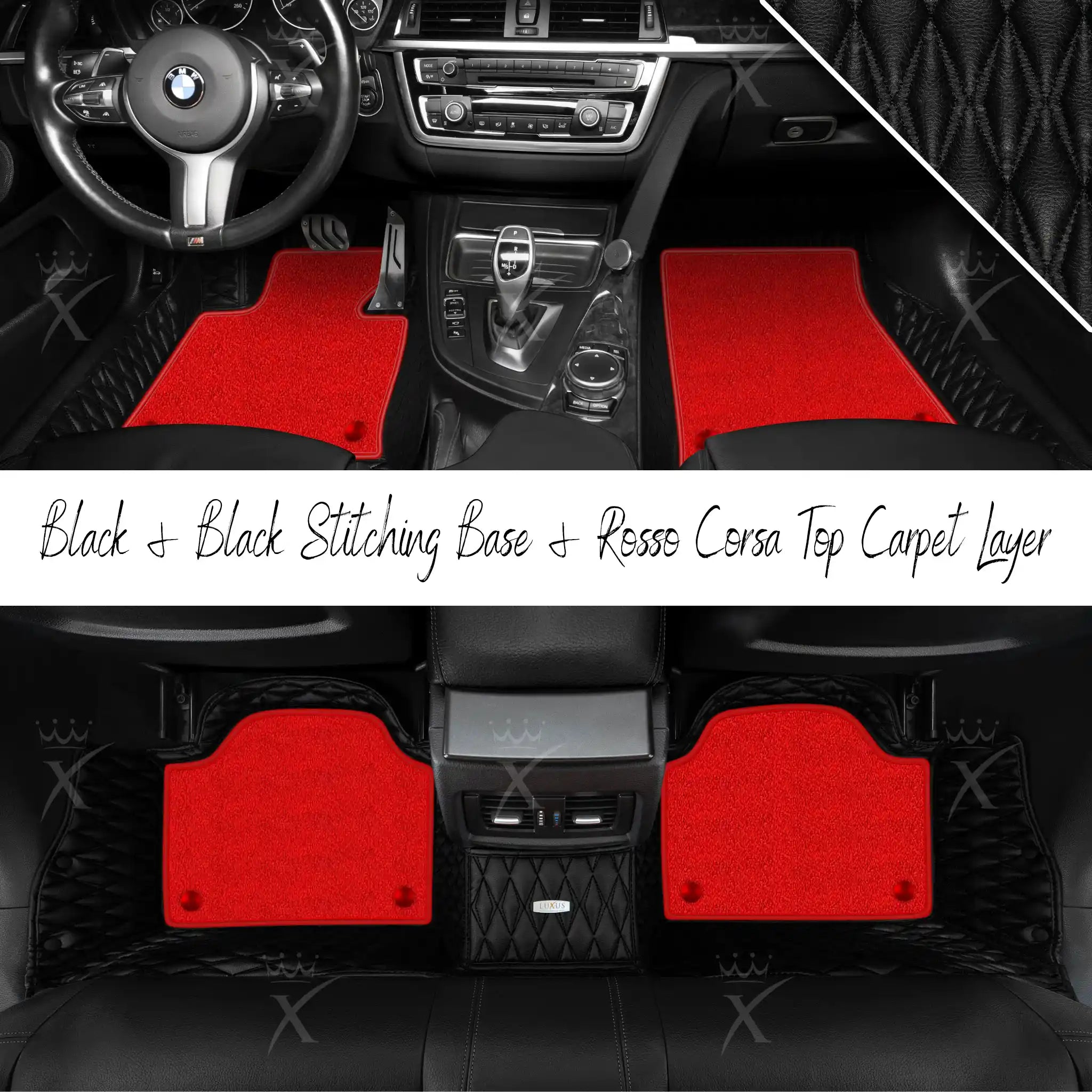 Black & Black Stitching Twin Diamond & Rosso Corsa Carpet | Double Layer Luxury Car Mats Set