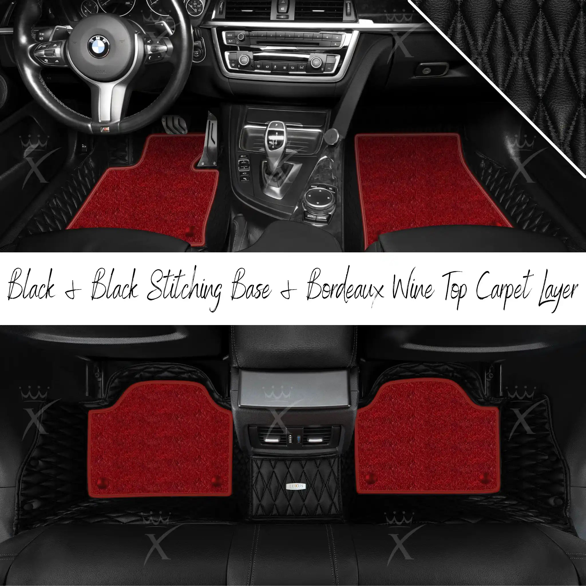 Black & Black Stitching Twin Diamond & Bordeaux Wine Carpet | Double Layer Luxury Car Mats Set