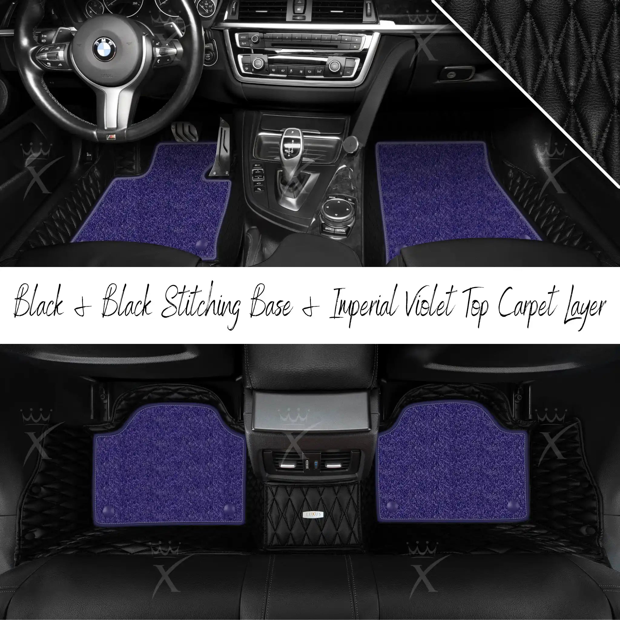 Black & Black Stitching Twin Diamond & Imperial Violet Carpet | Double Layer Luxury Car Mats Set