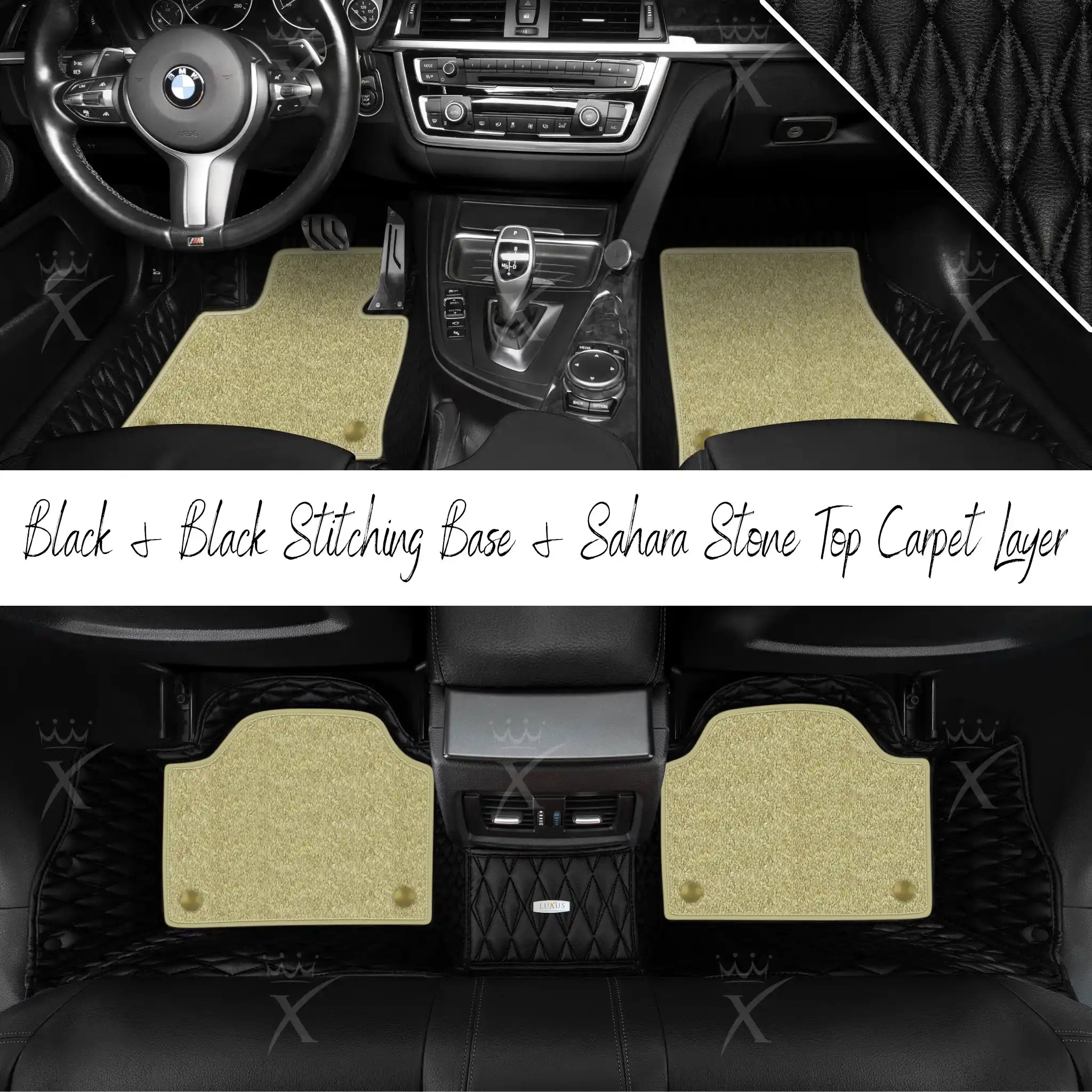 Black & Black Stitching Twin Diamond & Sahara Stone Carpet | Double Layer Luxury Car Mats Set
