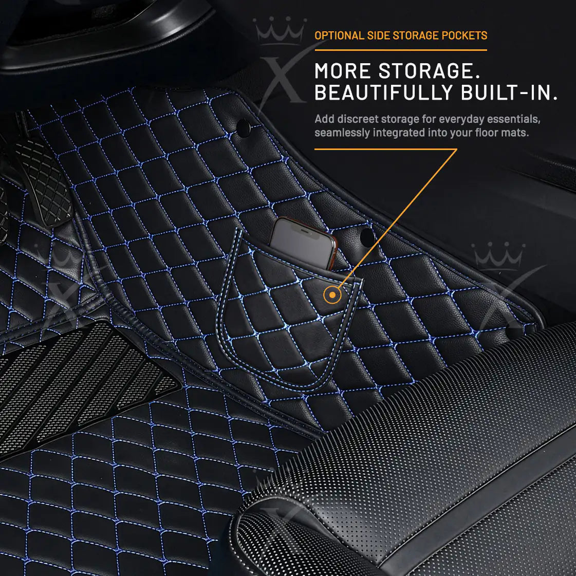 Luxus Diamond Double Layer Series Floor Mats | Black & Blue Stitching & Beige Top Carpet