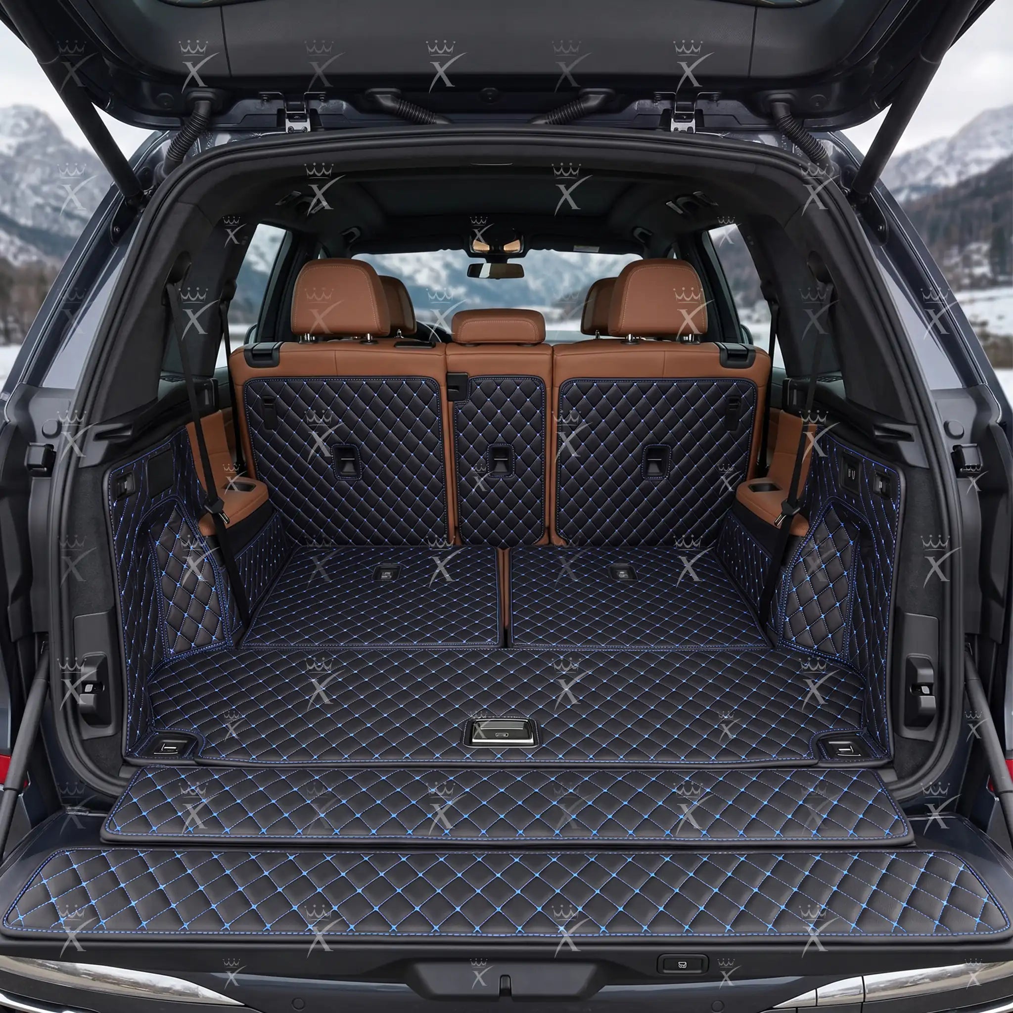 Tappetini per auto Luxus™ - Tappetino per bagagliaio/stivale in pelle di lusso 3D con cuciture nere e blu