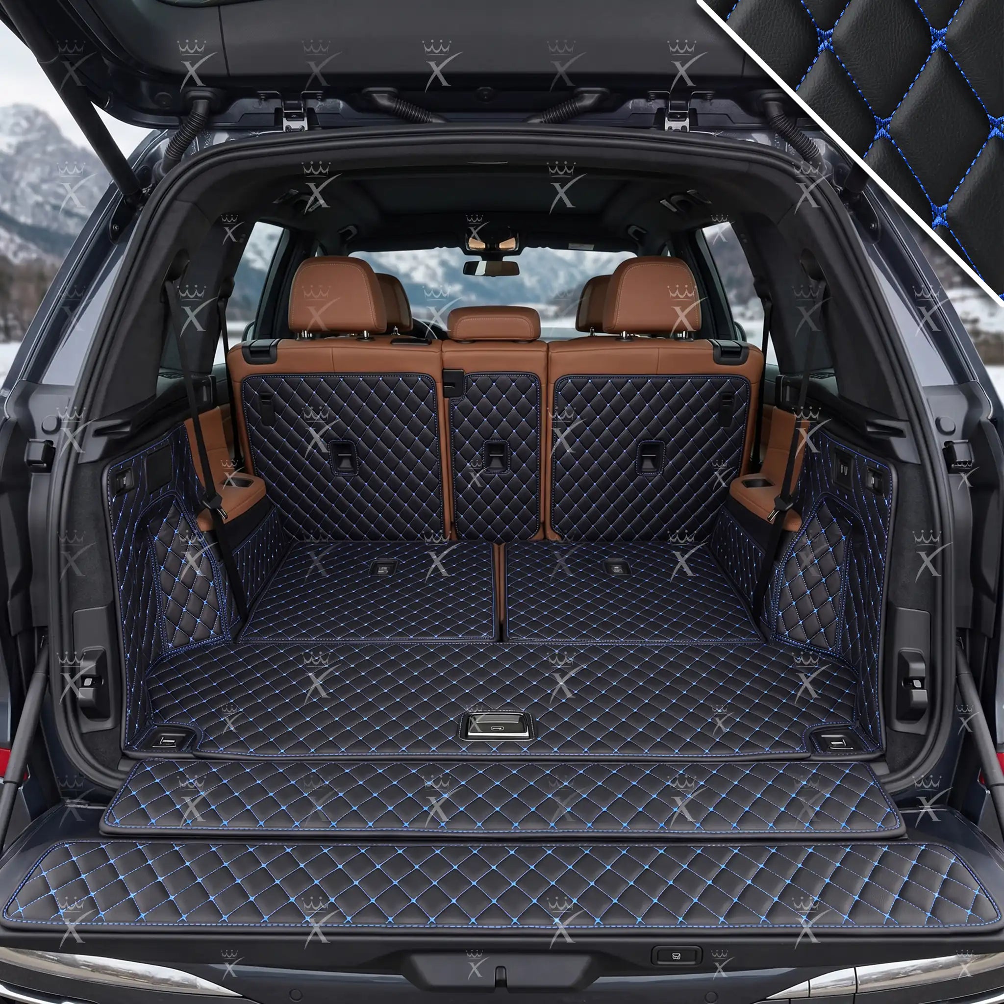 Tappetini per auto Luxus™ - Tappetino per bagagliaio/stivale in pelle di lusso 3D con cuciture nere e blu