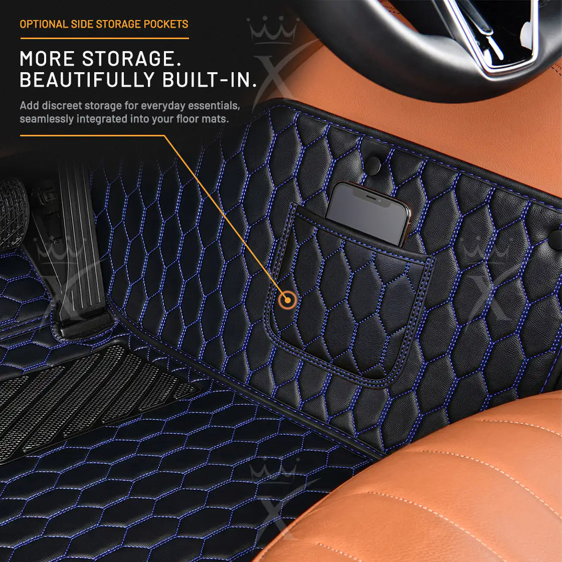Luxus Honeycomb Double Layer Series Floor Mats | Black & Blue Stitching & Brown Top Carpet