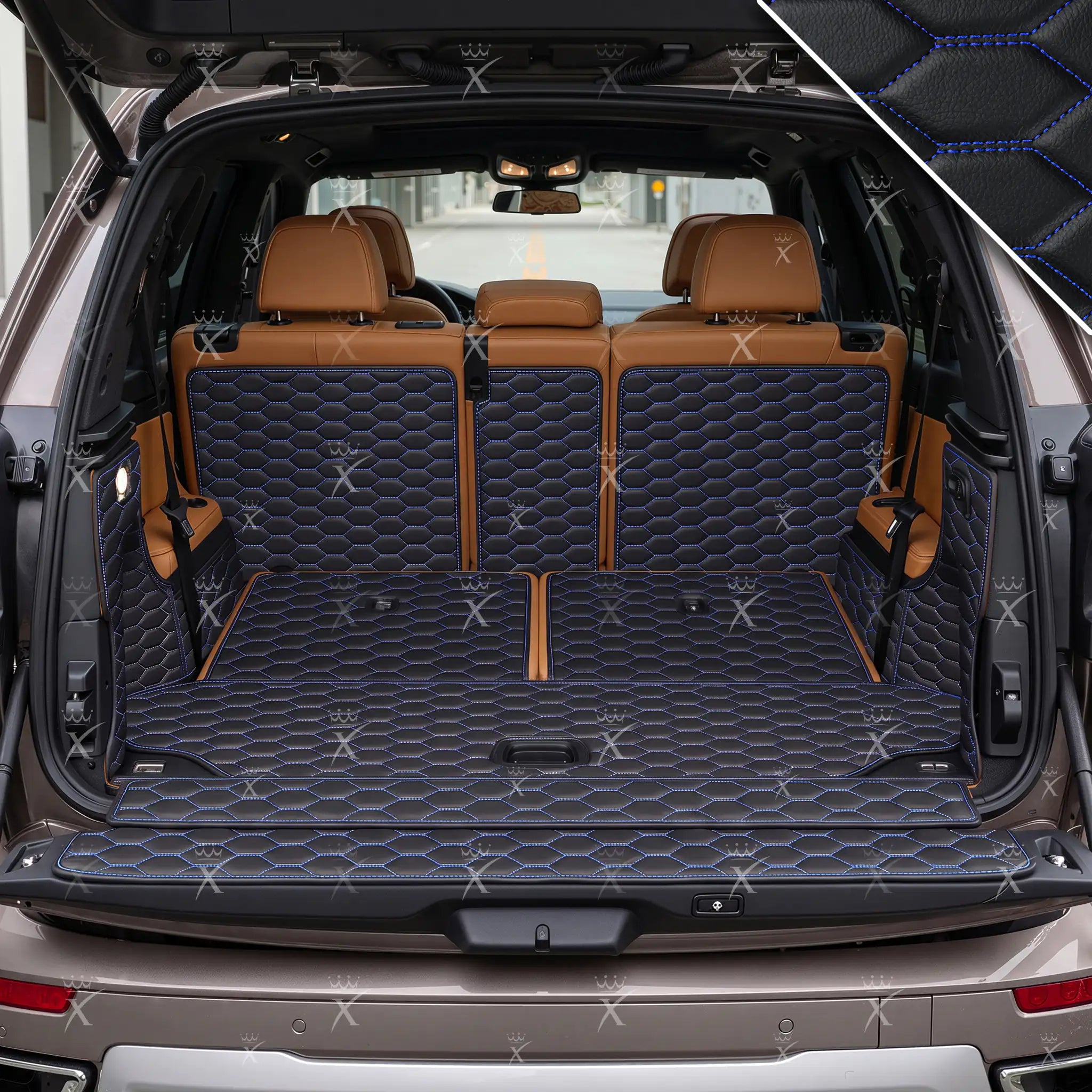 Luxus Honeycomb 360Fit Series Trunk Mat | Black & Blue Stitching