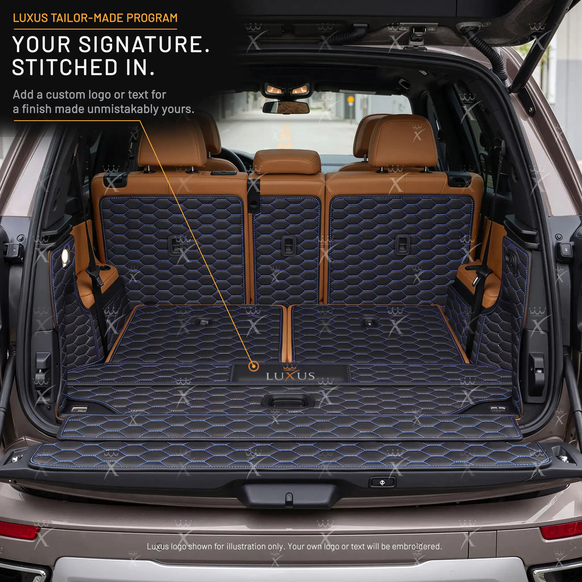 Luxus Honeycomb 360Fit Series Trunk Mat | Black & Blue Stitching