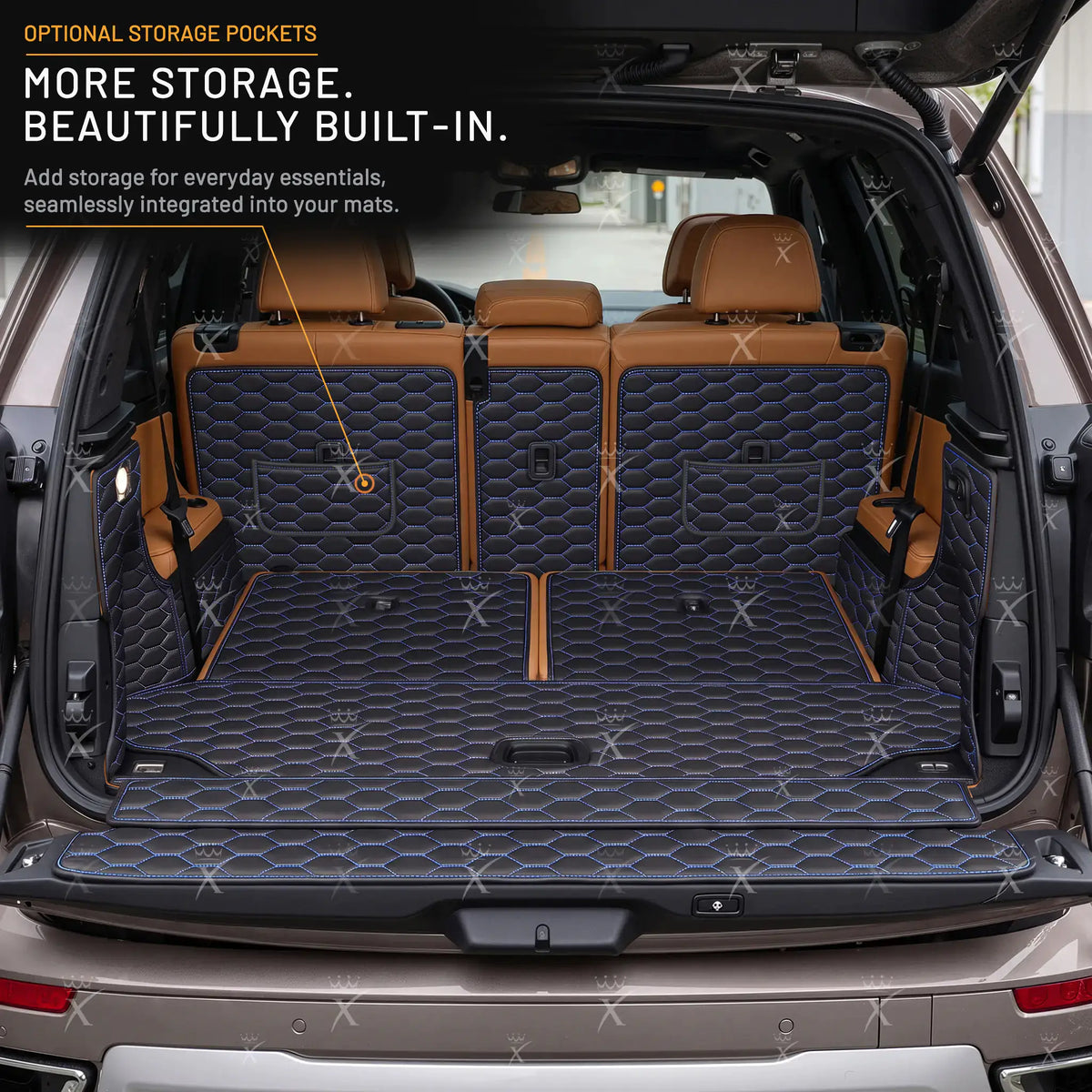 Luxus Honeycomb 360Fit Series Trunk Mat | Black & Blue Stitching