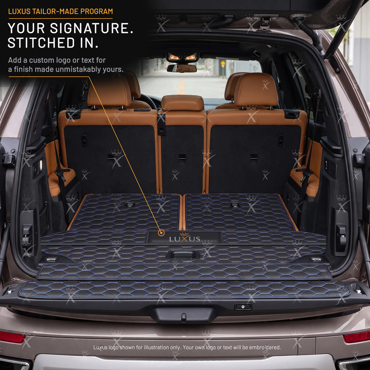 Luxus Honeycomb BaseFit Series Trunk Mat | Black & Blue Stitching