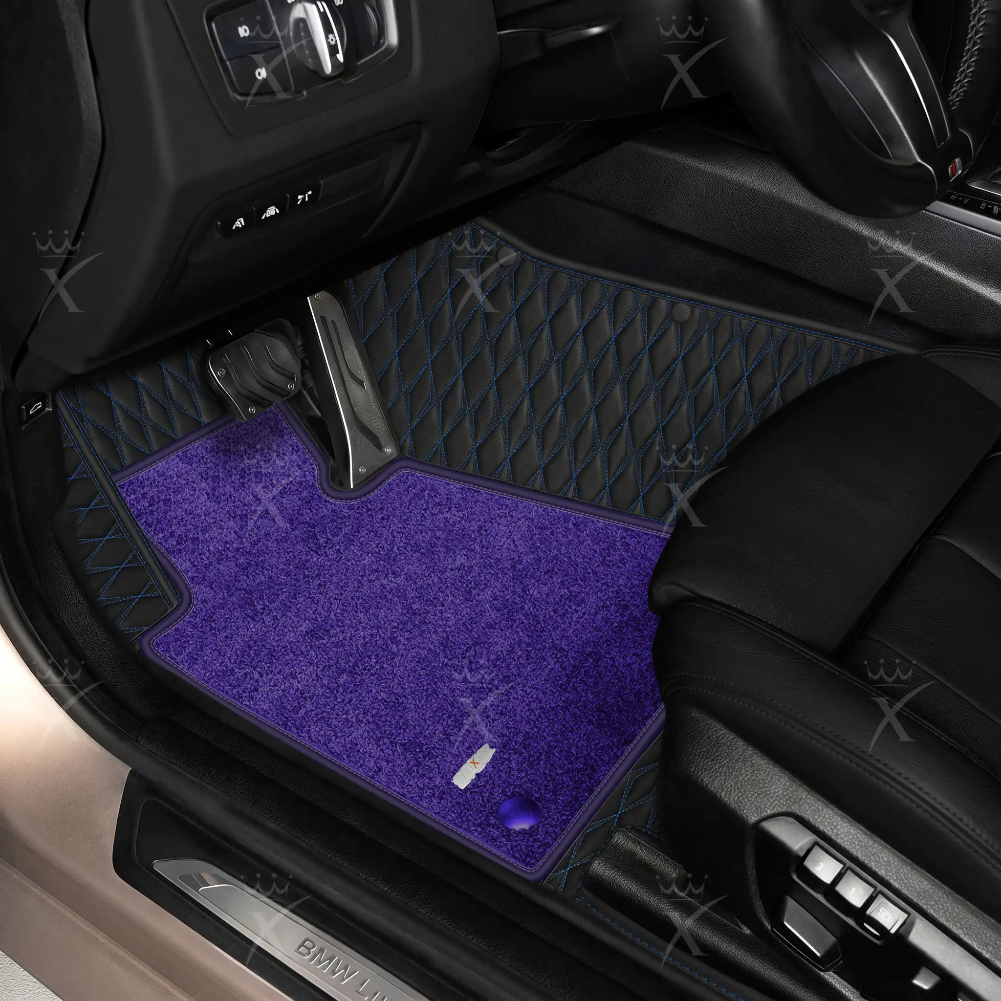 Luxus Twin-Diamond Double Layer Series Floor Mats | Black & Blue Stitching & Imperial Violet Top Carpet