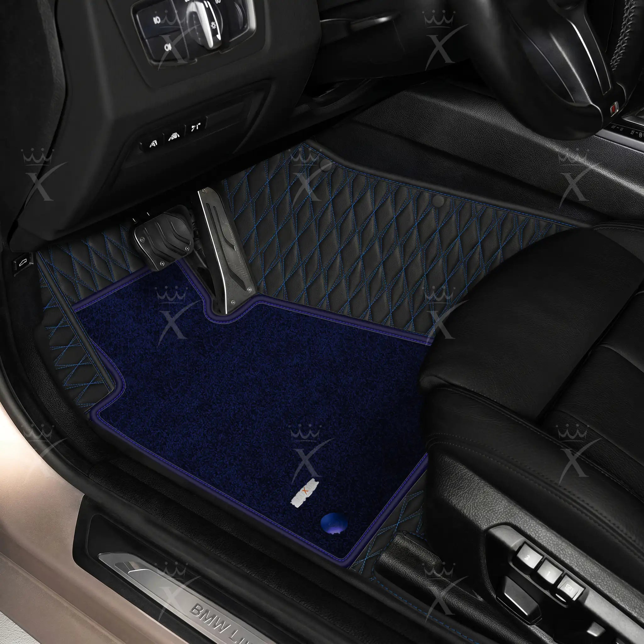 Luxus Twin-Diamond Double Layer Series Floor Mats | Black & Blue Stitching & Midnight Navy Top Carpet
