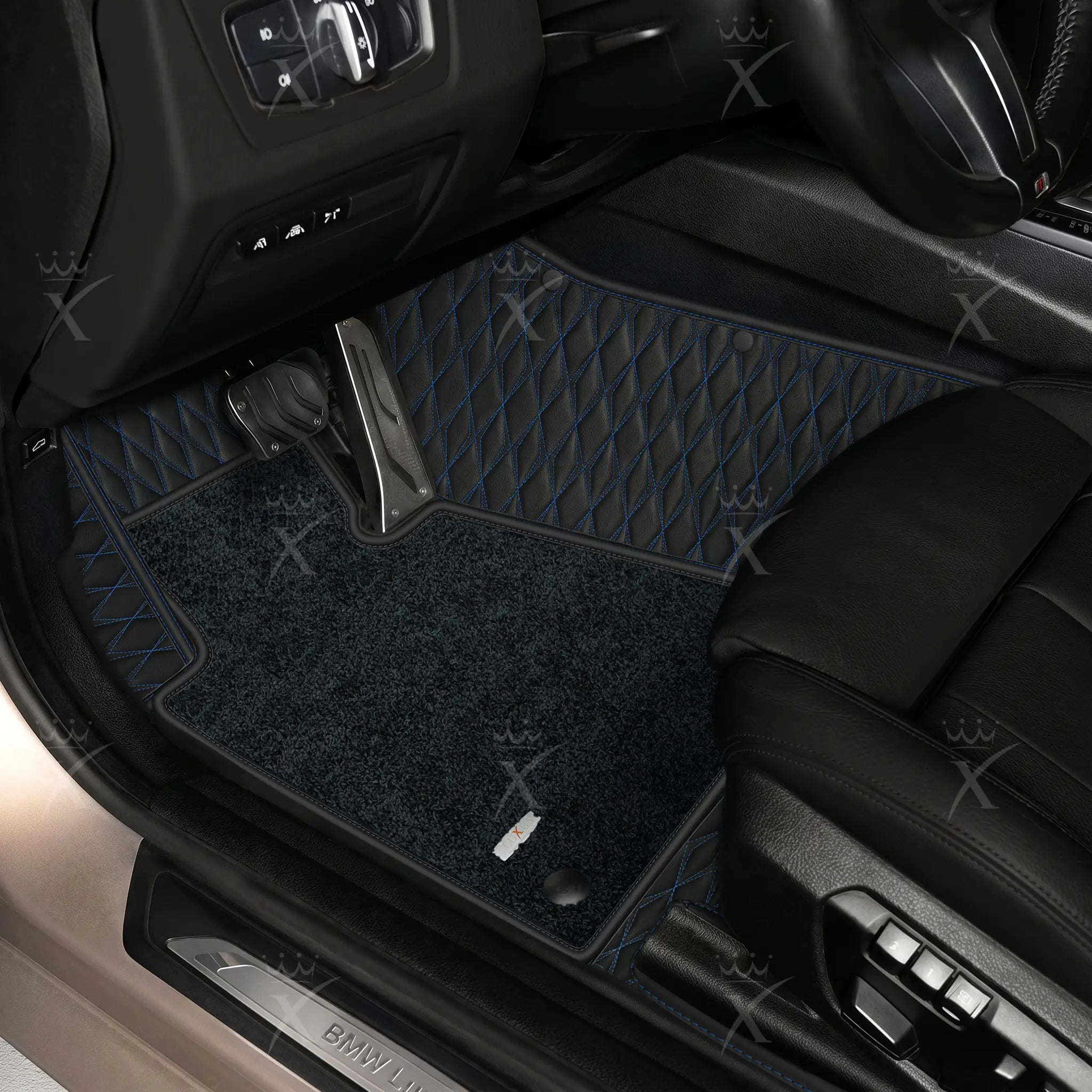 Luxus Twin-Diamond Double Layer Series Floor Mats | Black & Blue Stitching & Obsidian Black Top Carpet