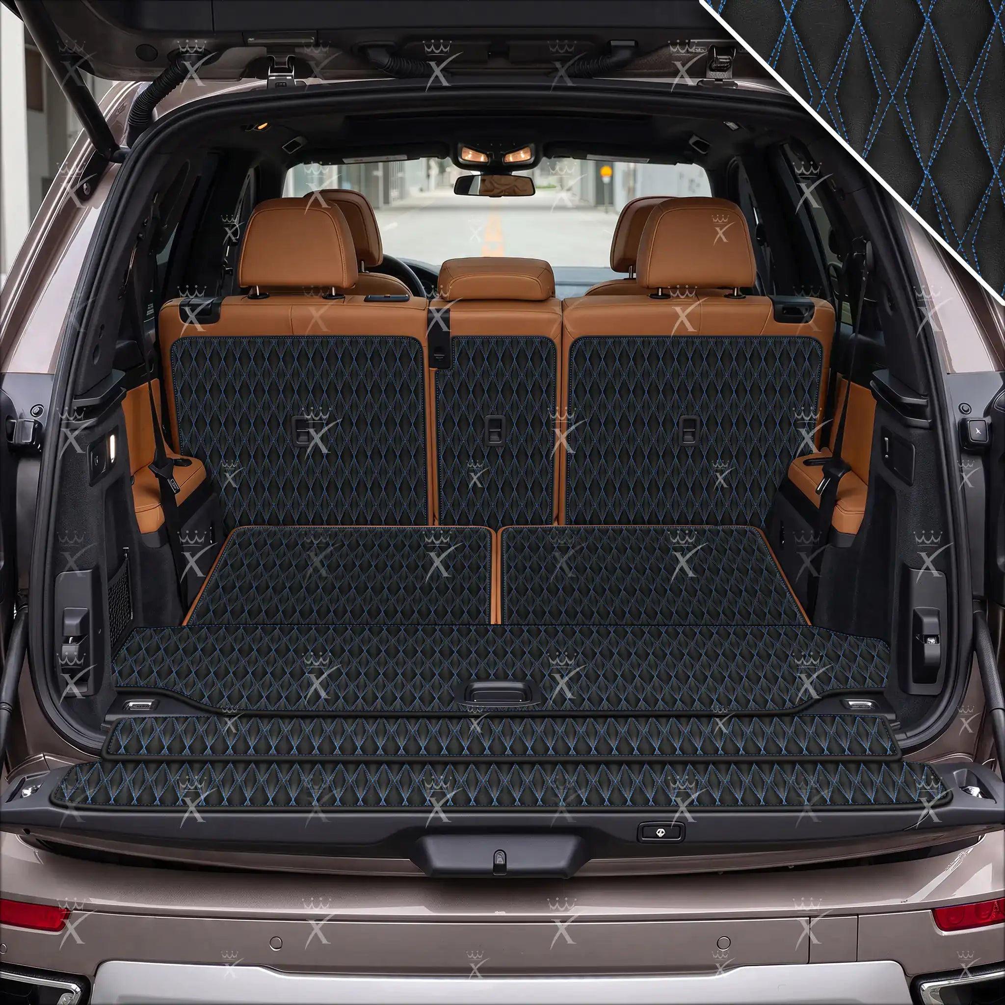 Luxus Car Mats™ – 3D-Luxus-Leder-Kofferraum-/Kofferraummatte in Schwarz und Schwarz mit Nähten