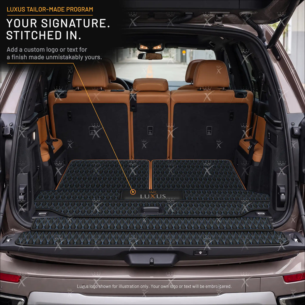 Luxus Twin-Diamond BaseFit Series Trunk Mat | Black & Blue Stitching