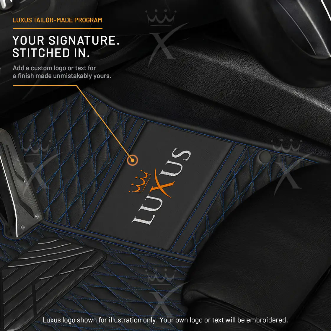 Luxus Twin-Diamond Double Layer Series Floor Mats | Black & Blue Stitching & Aqua Frost Top Carpet