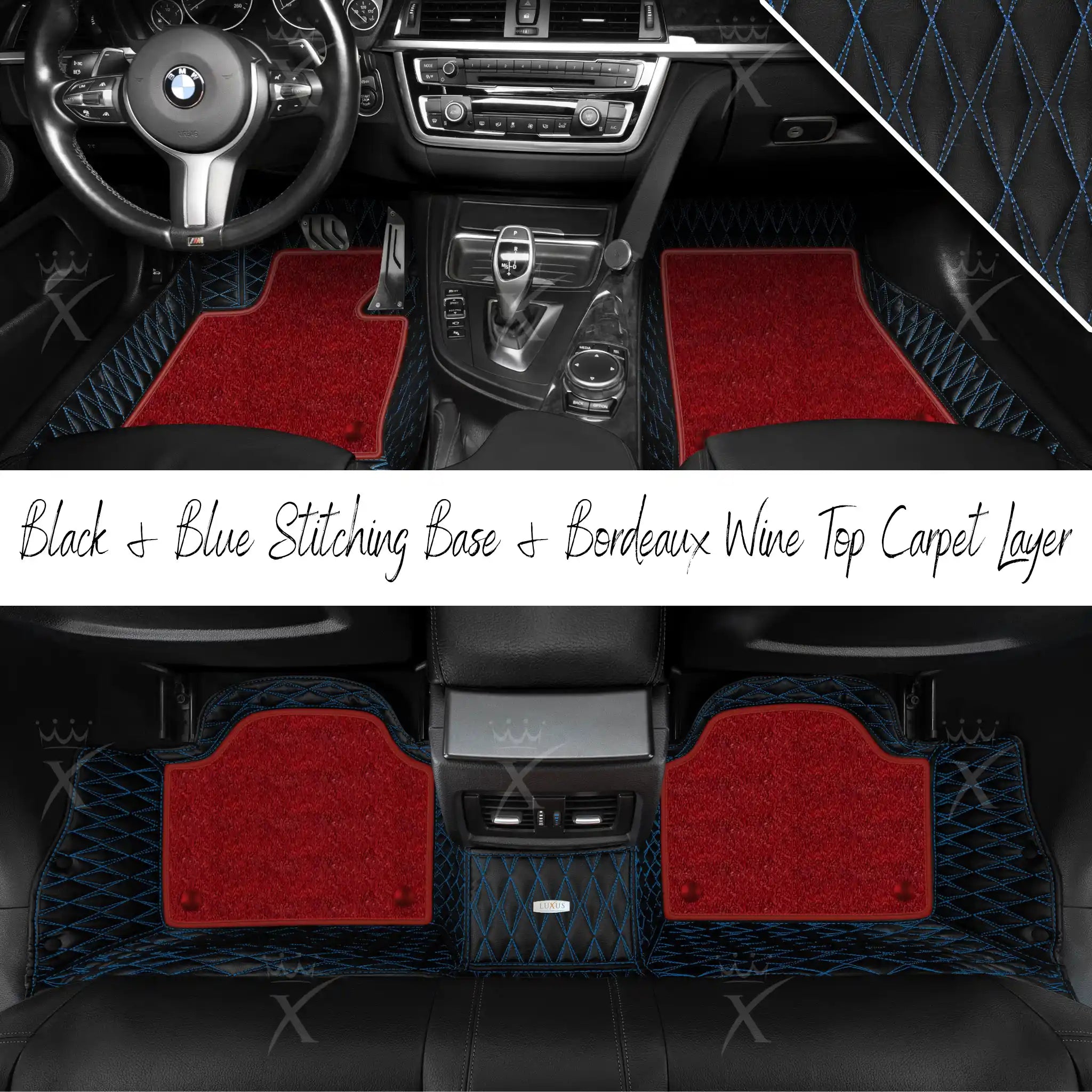 Black & Blue Stitching Twin Diamond & Bordeaux Wine Carpet | Double Layer Luxury Car Mats Set
