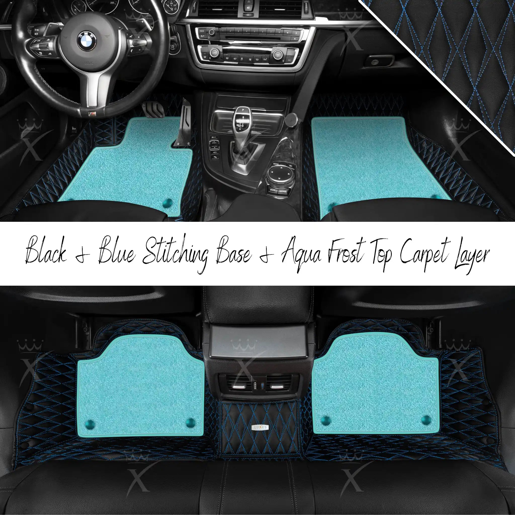Black & Blue Stitching Twin Diamond & Aqua Frost Carpet | Double Layer Luxury Car Mats Set