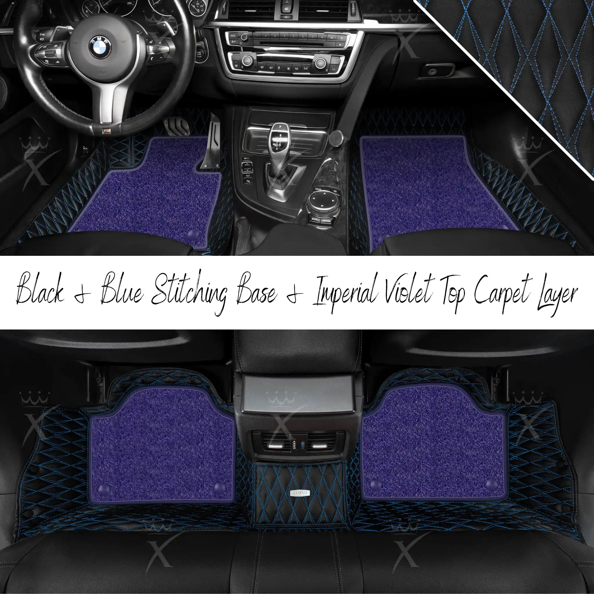 Black & Blue Stitching Twin Diamond & Imperial Violet Carpet | Double Layer Luxury Car Mats Set