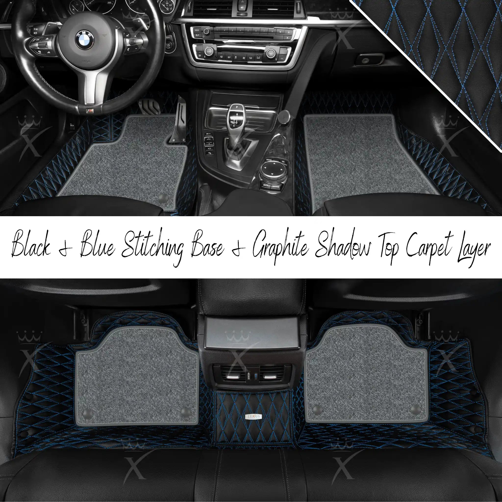 Black & Blue Stitching Twin Diamond & Graphite Shadow Carpet | Double Layer Luxury Car Mats Set