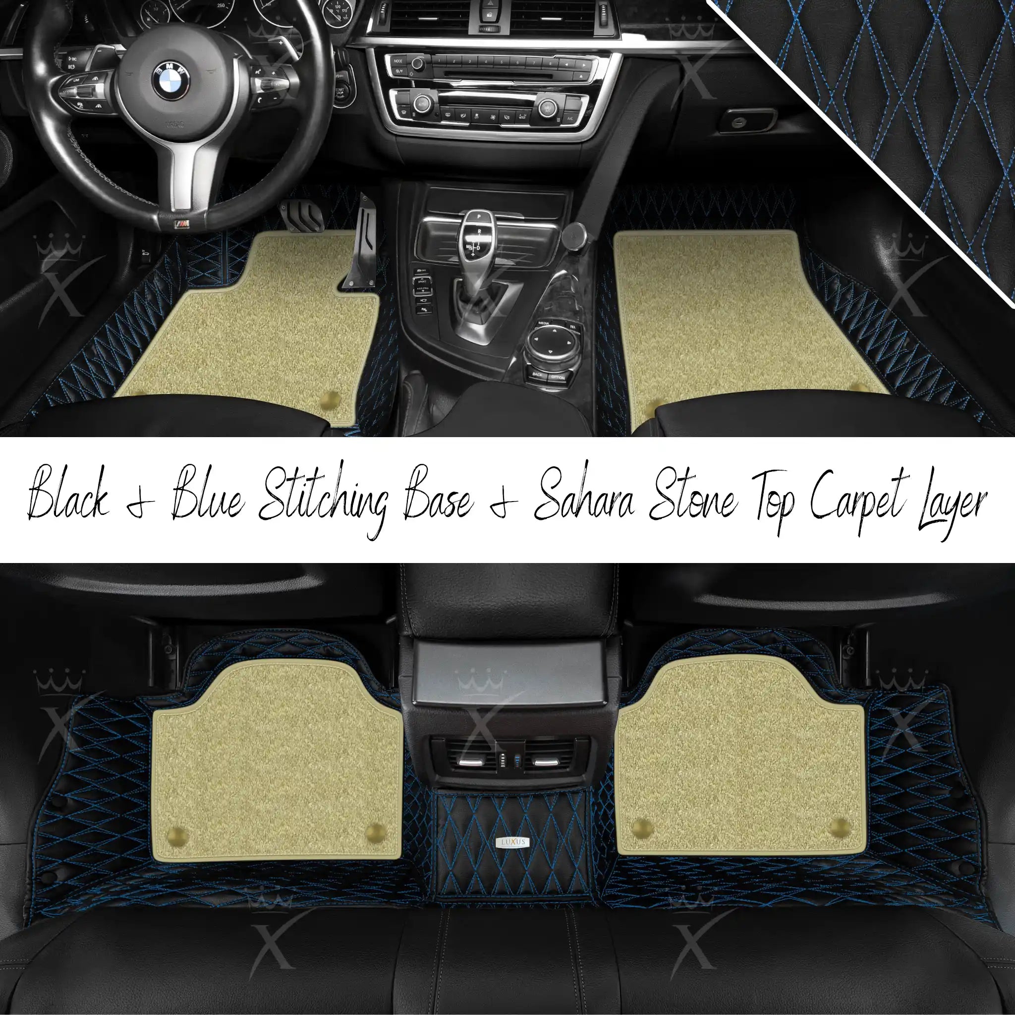 Black & Blue Stitching Twin Diamond & Sahara Stone Carpet | Double Layer Luxury Car Mats Set