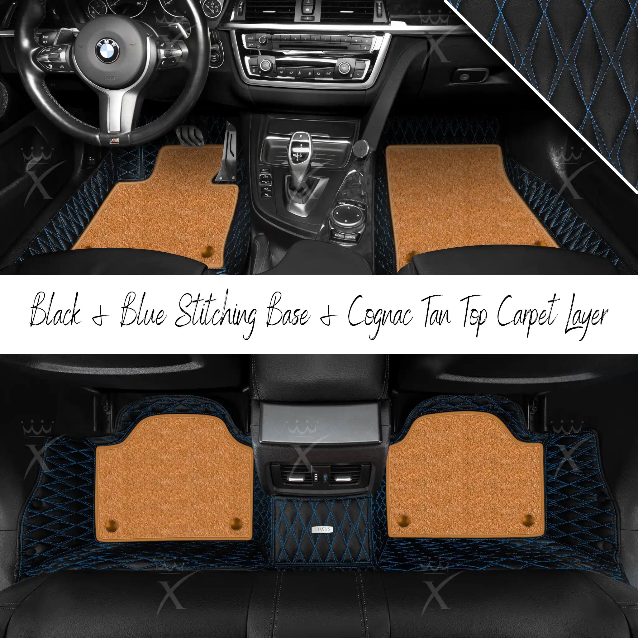 Black & Blue Stitching Twin Diamond & Cognac Tan Carpet | Double Layer Luxury Car Mats Set