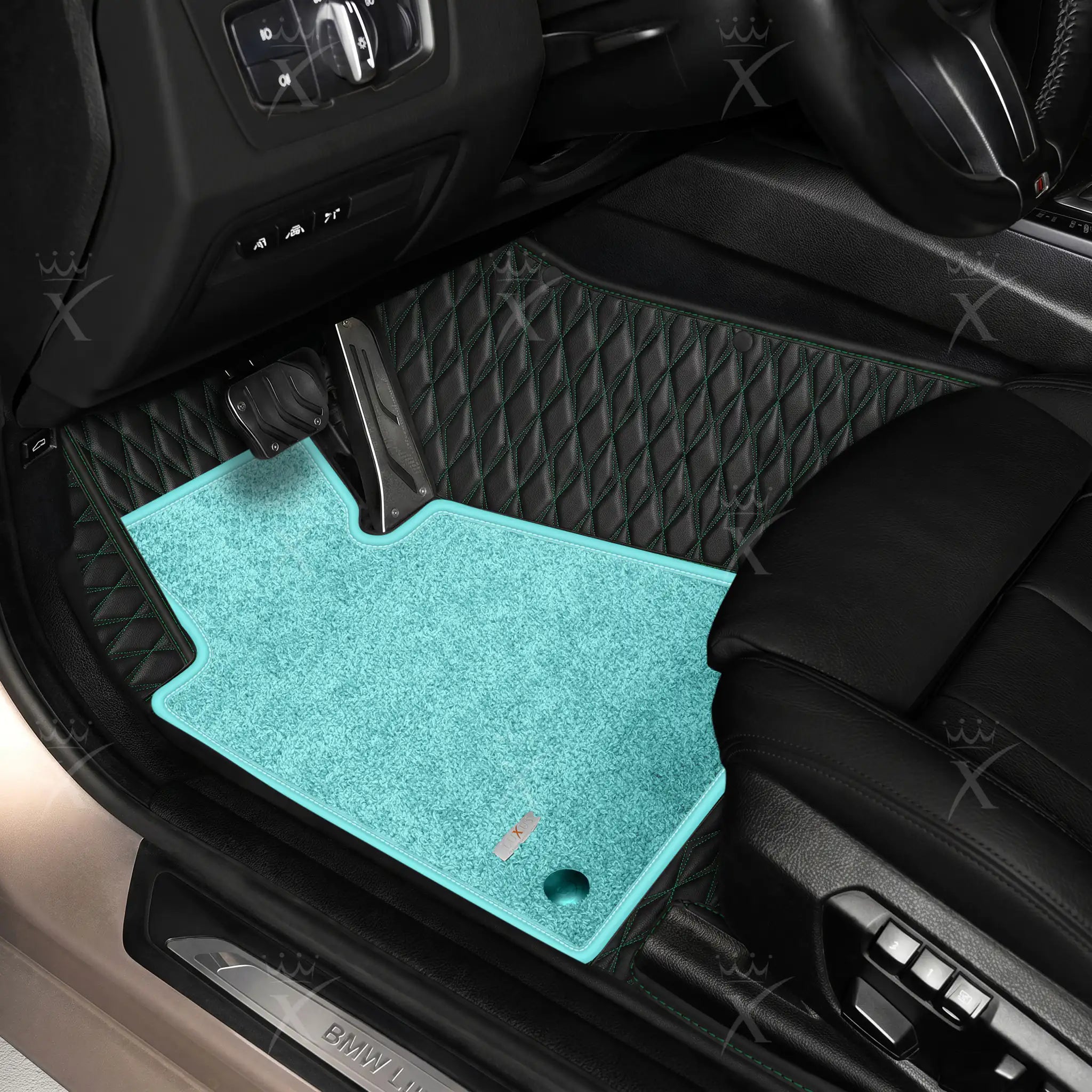 Luxus Twin-Diamond Double Layer Series Floor Mats | Black & Green Stitching & Aqua Frost Top Carpet