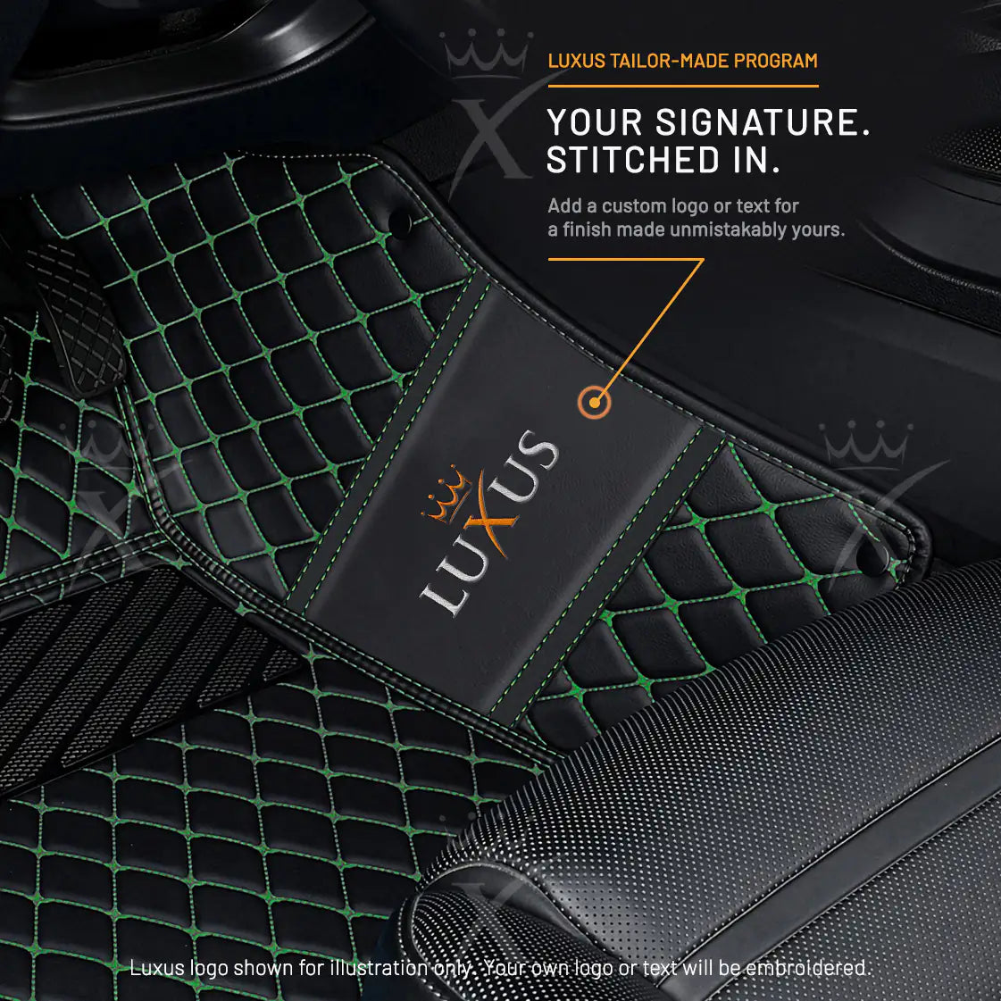 Luxus Diamond Series Floor Mats | Black & Green Stitching