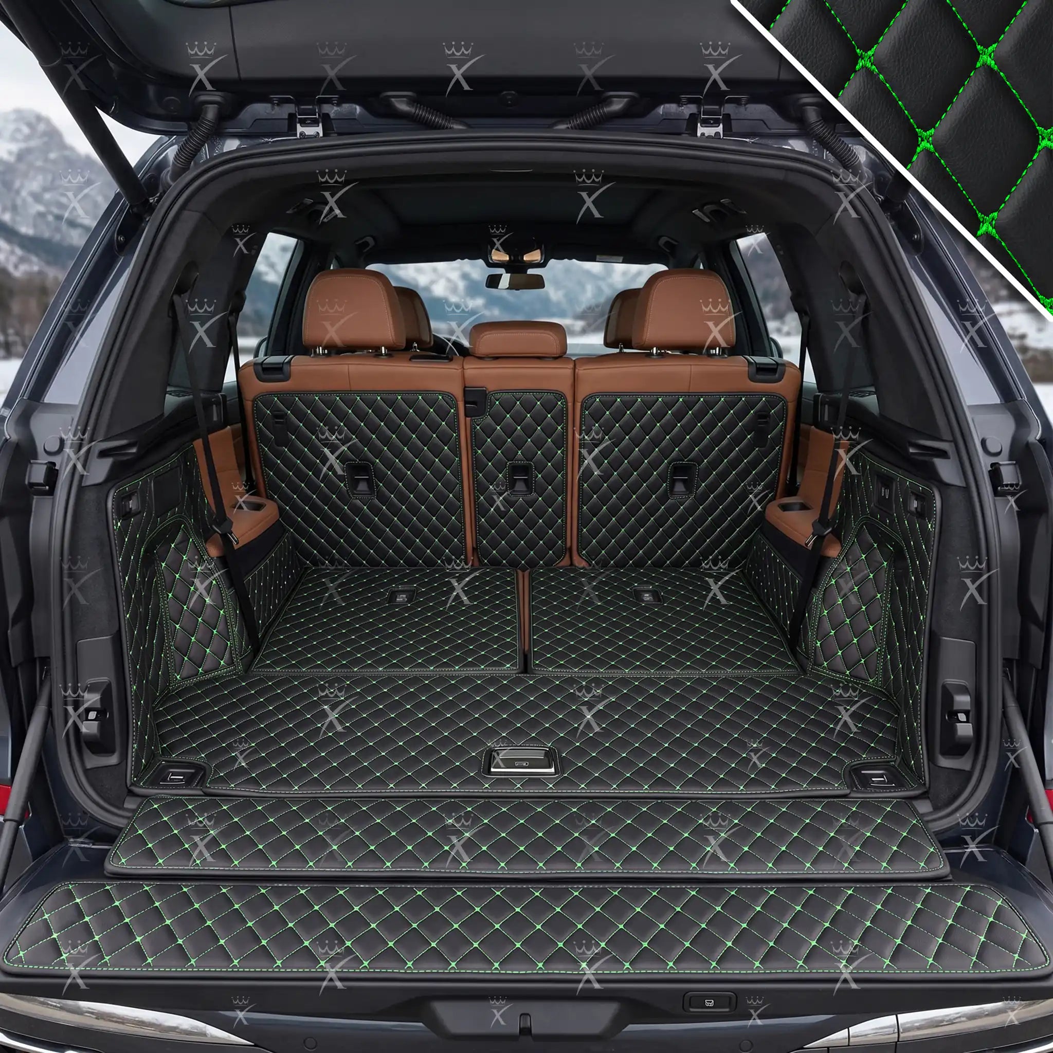 Luxus Diamond 360Fit Series Trunk Mat | Black & Green Stitching