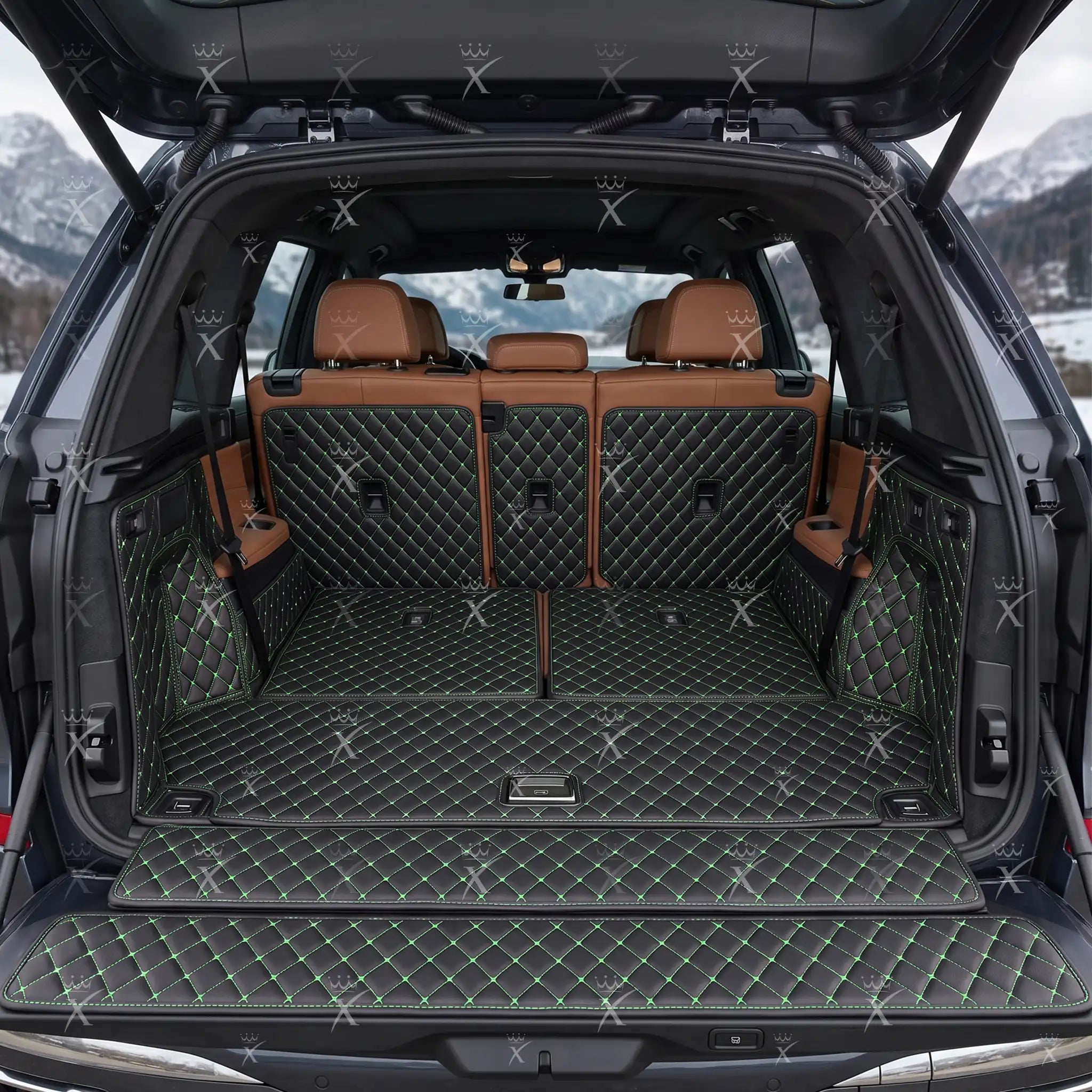 Luxus Diamond 360Fit Series Trunk Mat | Black & Green Stitching