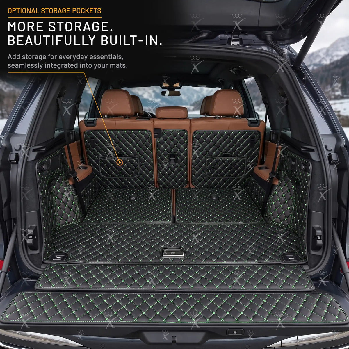 Luxus Diamond 360Fit Series Trunk Mat | Black & Green Stitching