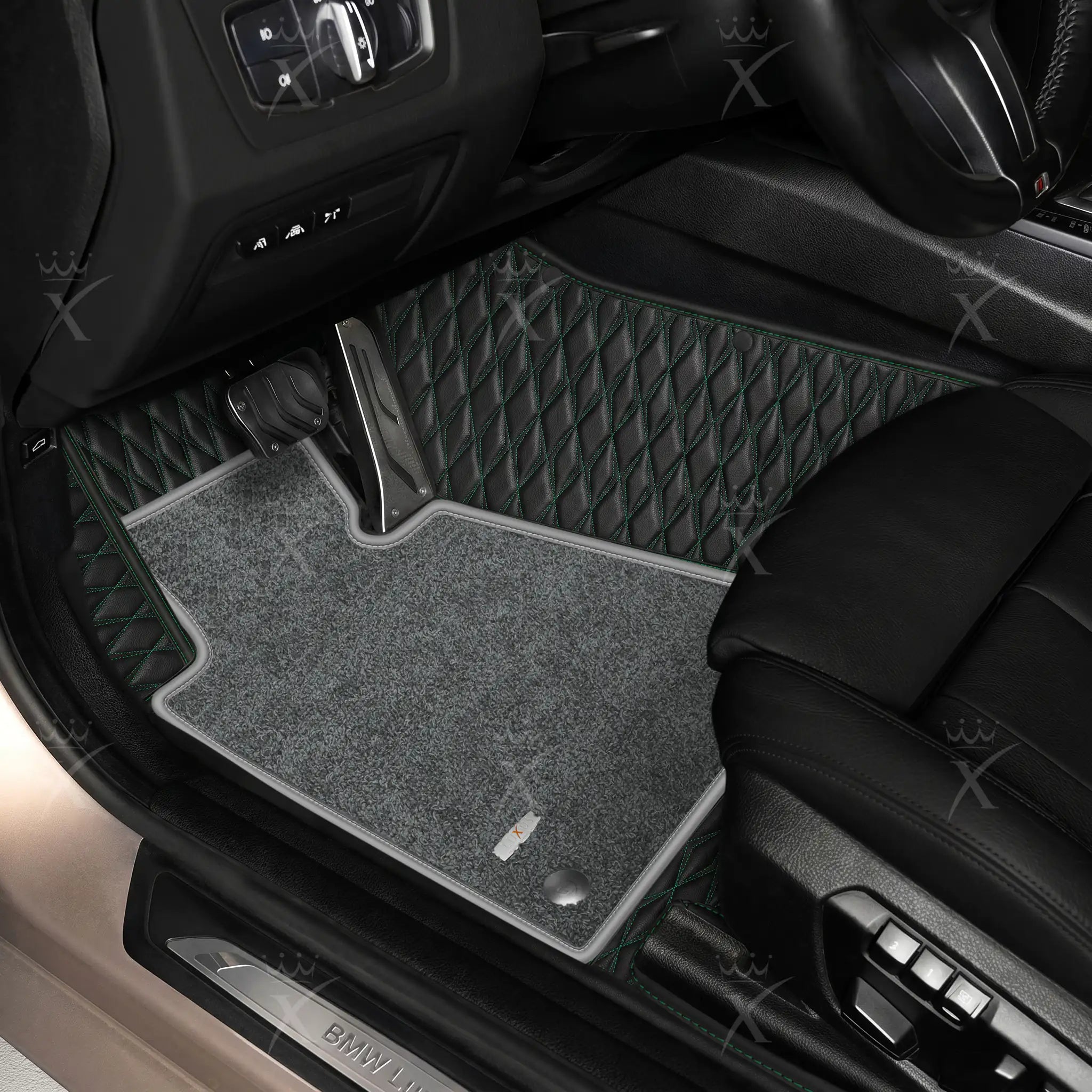Luxus Twin-Diamond Double Layer Series Floor Mats | Black & Green Stitching & Graphite Shadow Top Carpet