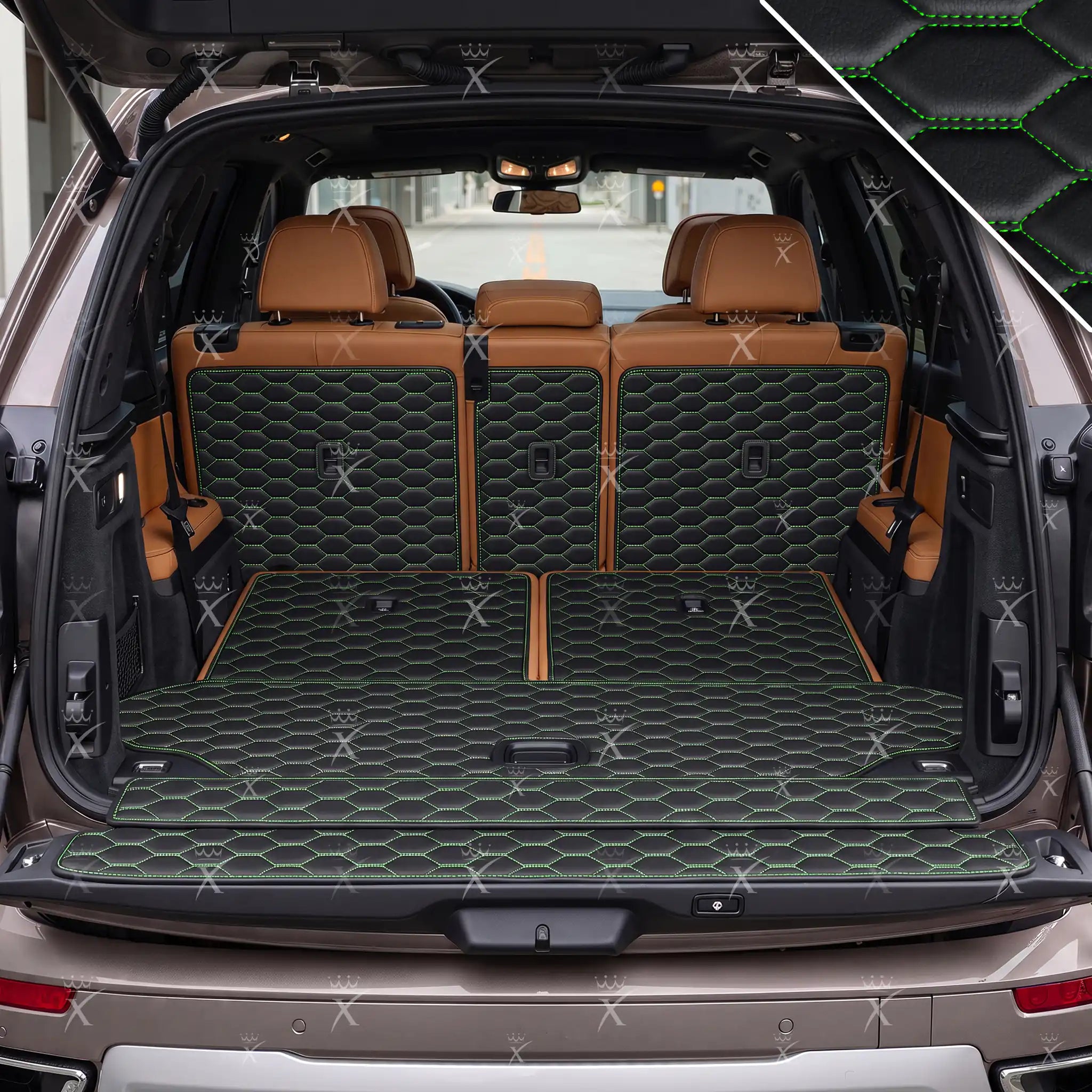 Luxus Honeycomb XtendFit Series Trunk Mat | Black & Green Stitching