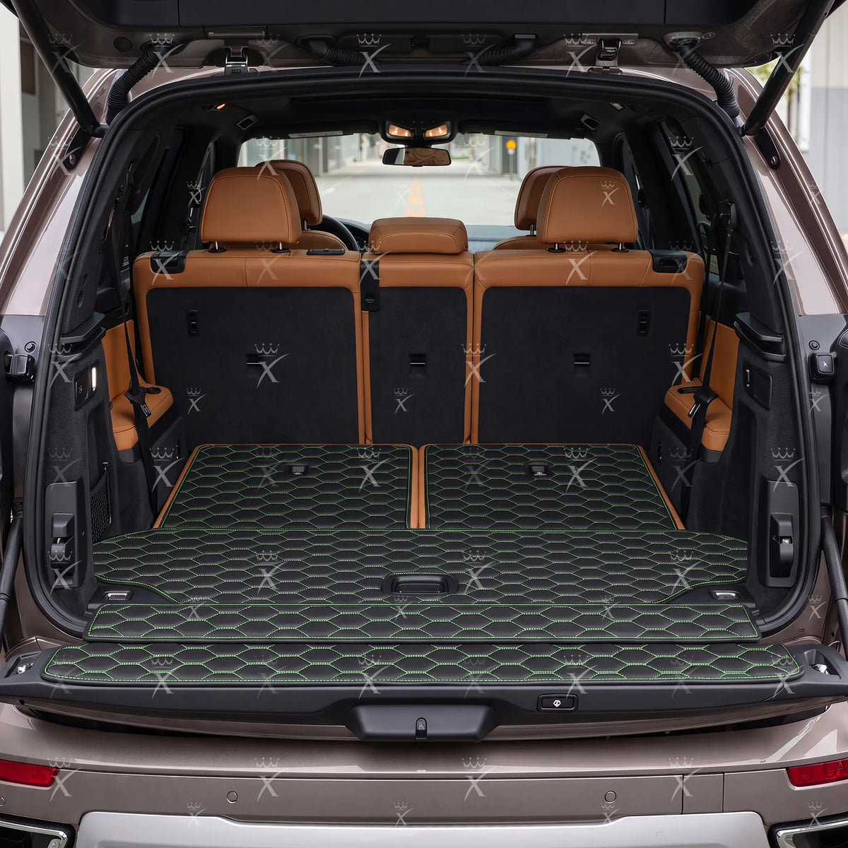 Luxus Honeycomb BaseFit Series Trunk Mat | Black & Green Stitching