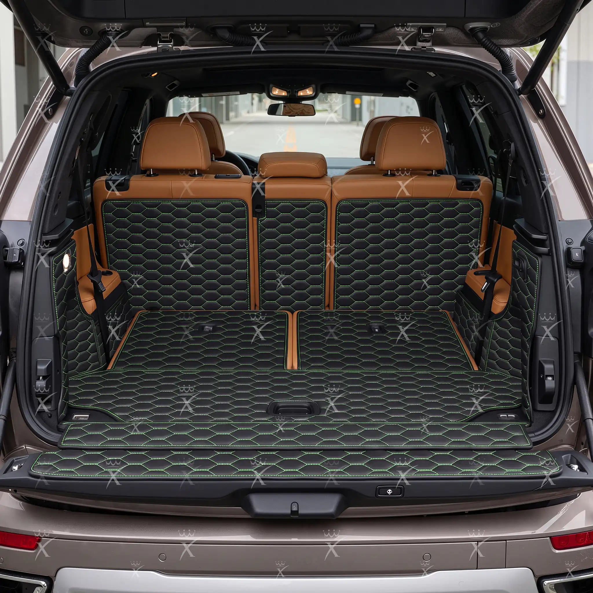Luxus Honeycomb 360Fit Series Trunk Mat | Black & Green Stitching