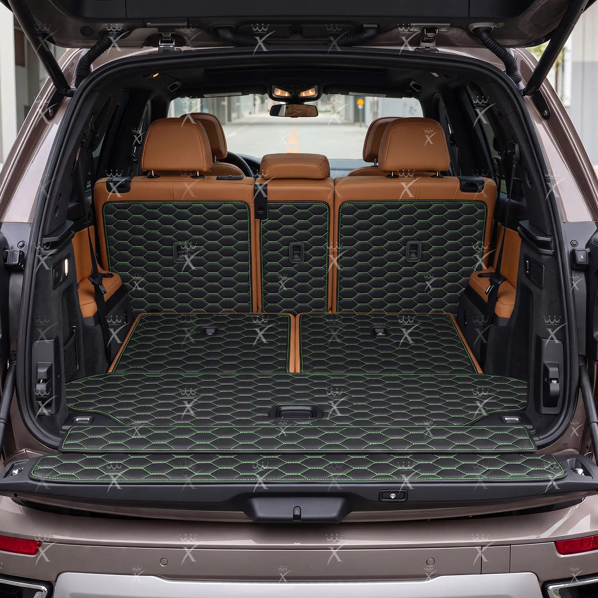 Luxus Honeycomb XtendFit Series Trunk Mat | Black & Green Stitching