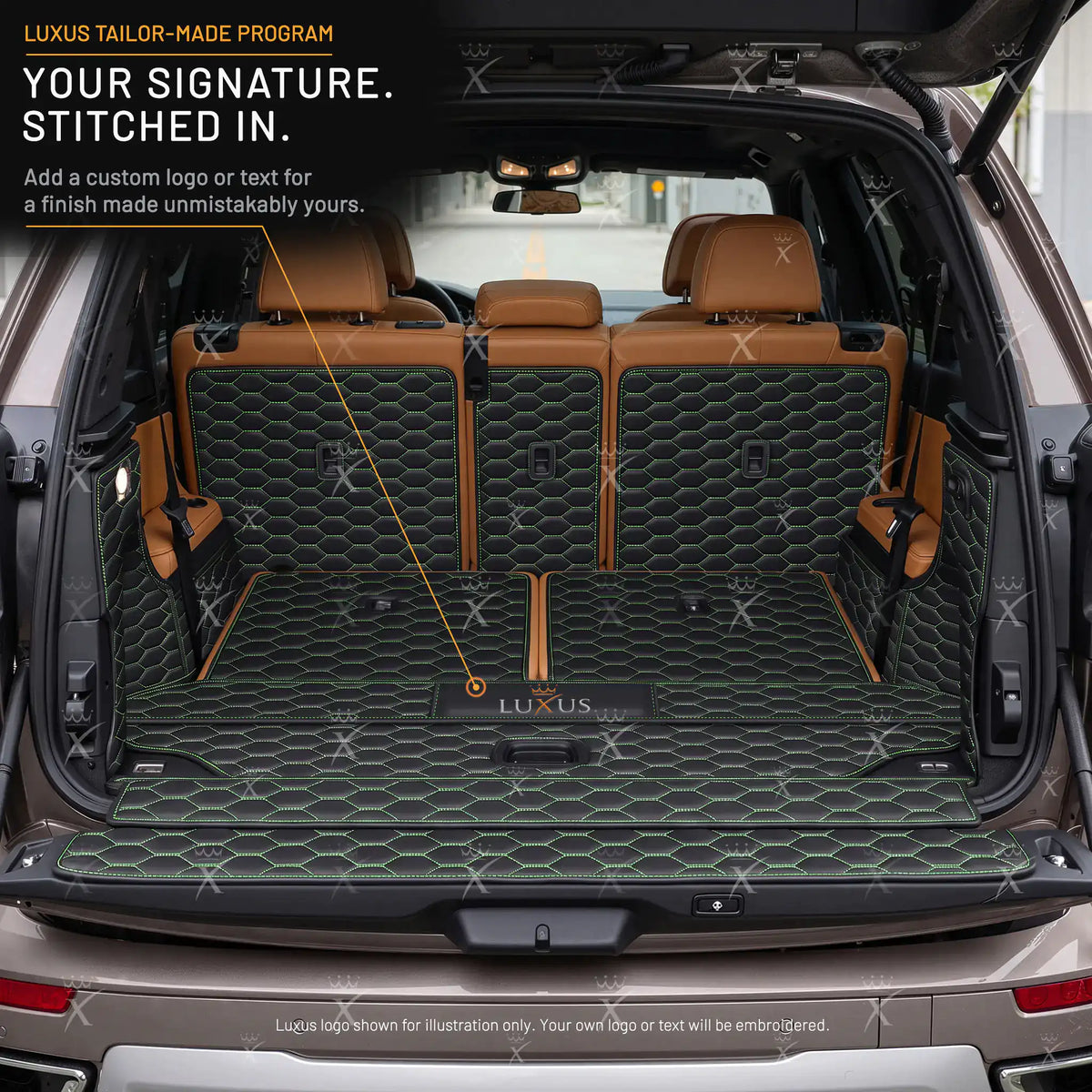 Luxus Honeycomb 360Fit Series Trunk Mat | Black & Green Stitching