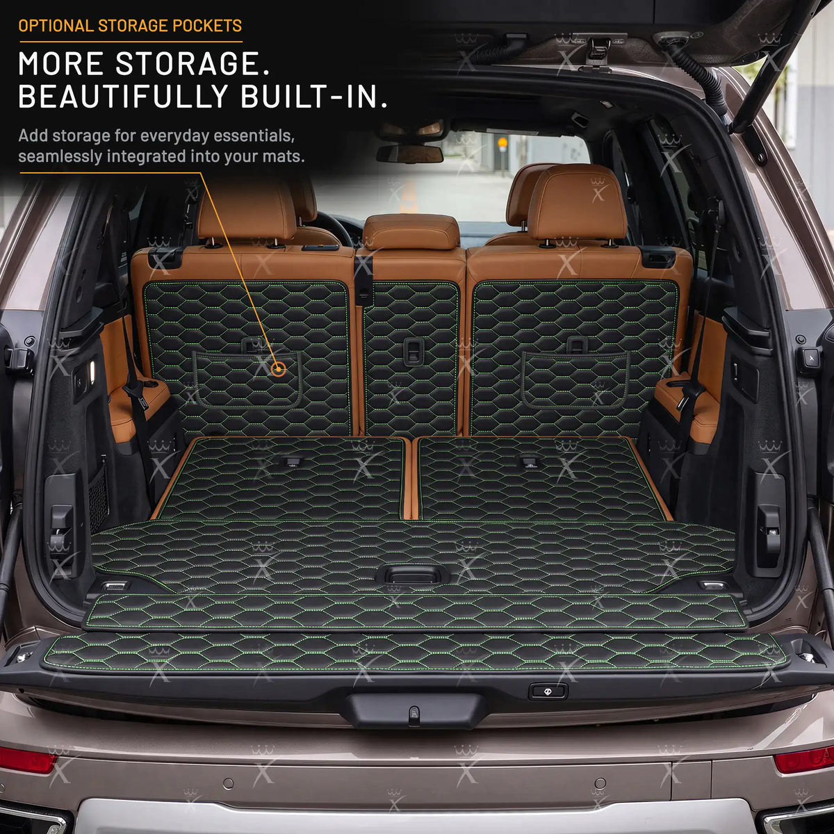 Luxus Honeycomb XtendFit Series Trunk Mat | Black & Green Stitching